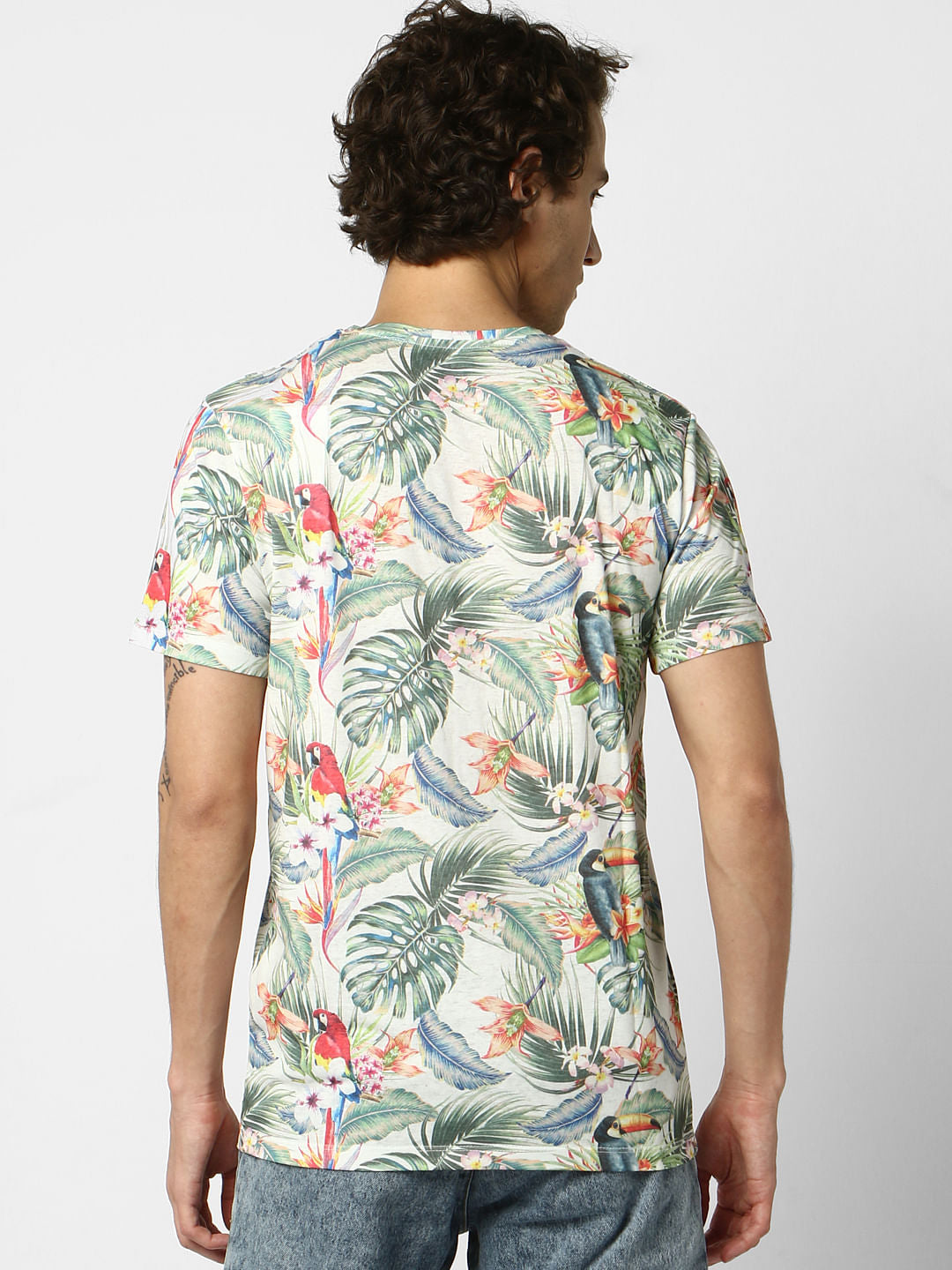 White Tropical Print Crew Neck T-shirt