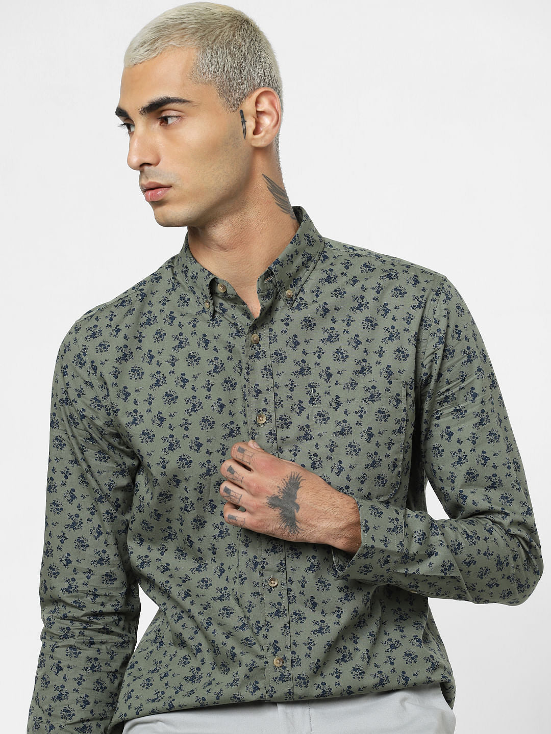 Green Floral Print Full Sleeves Shirt