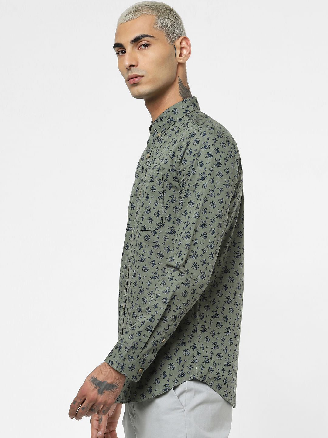 Green Floral Print Full Sleeves Shirt