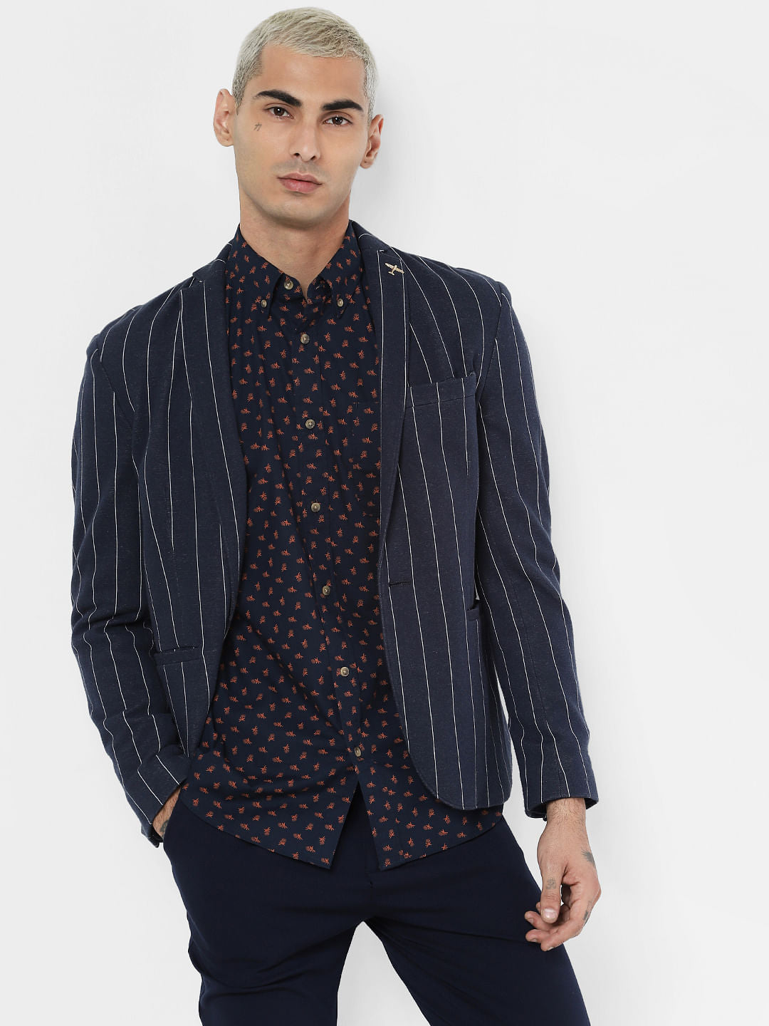Navy Blue All Over Print Full Sleeves Shirt - S