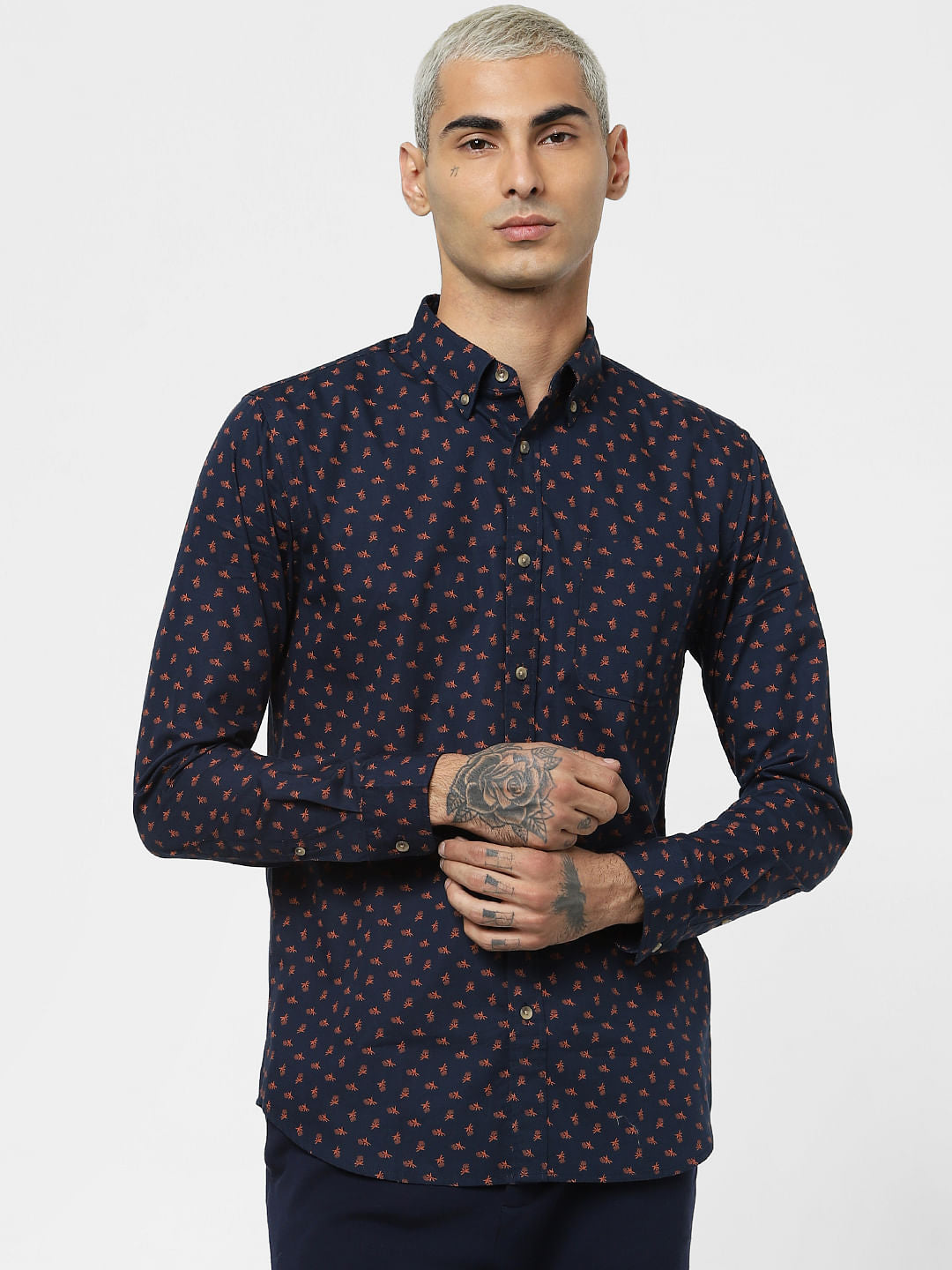 Navy Blue All Over Print Full Sleeves Shirt