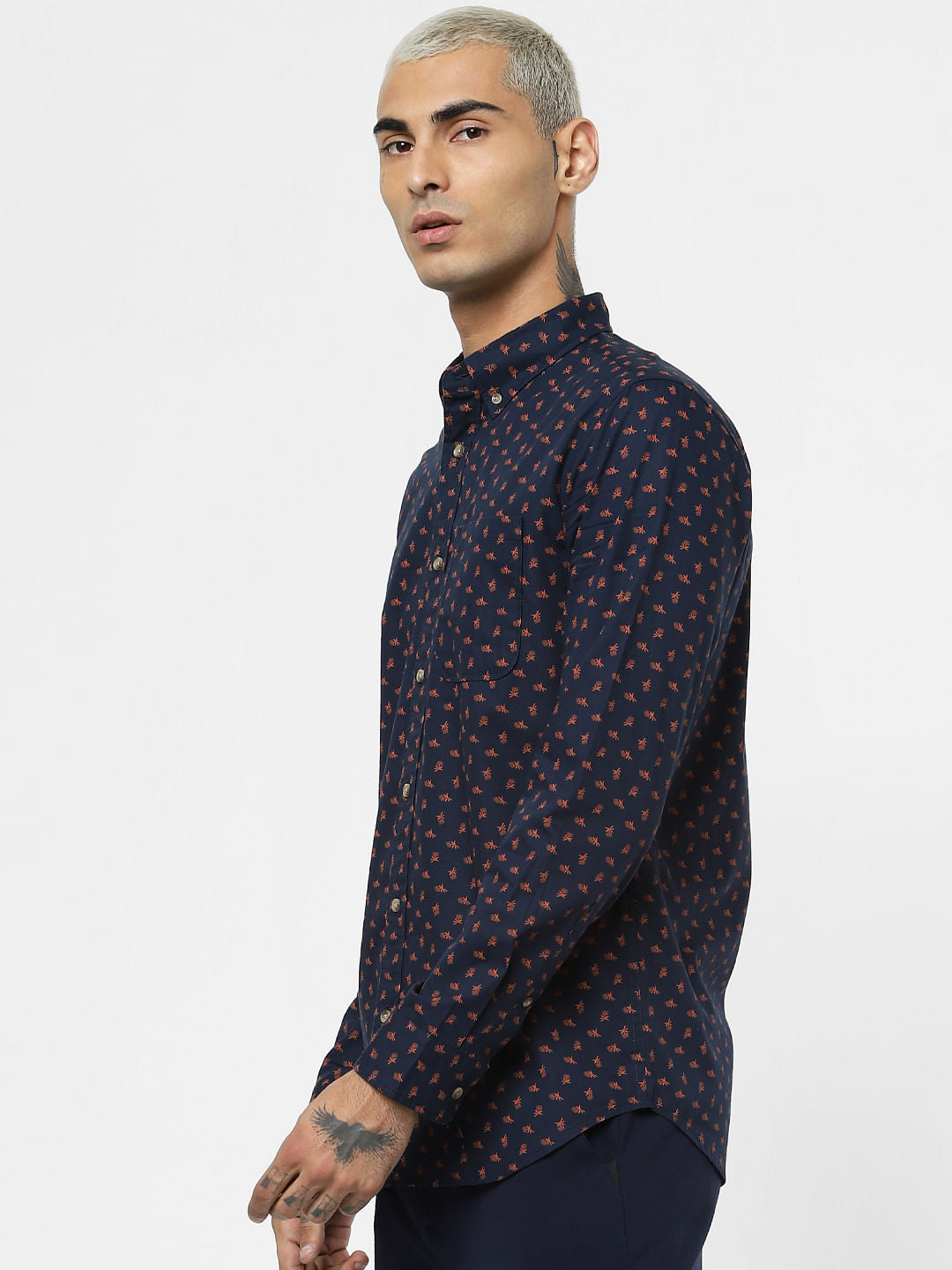 Navy Blue All Over Print Full Sleeves Shirt