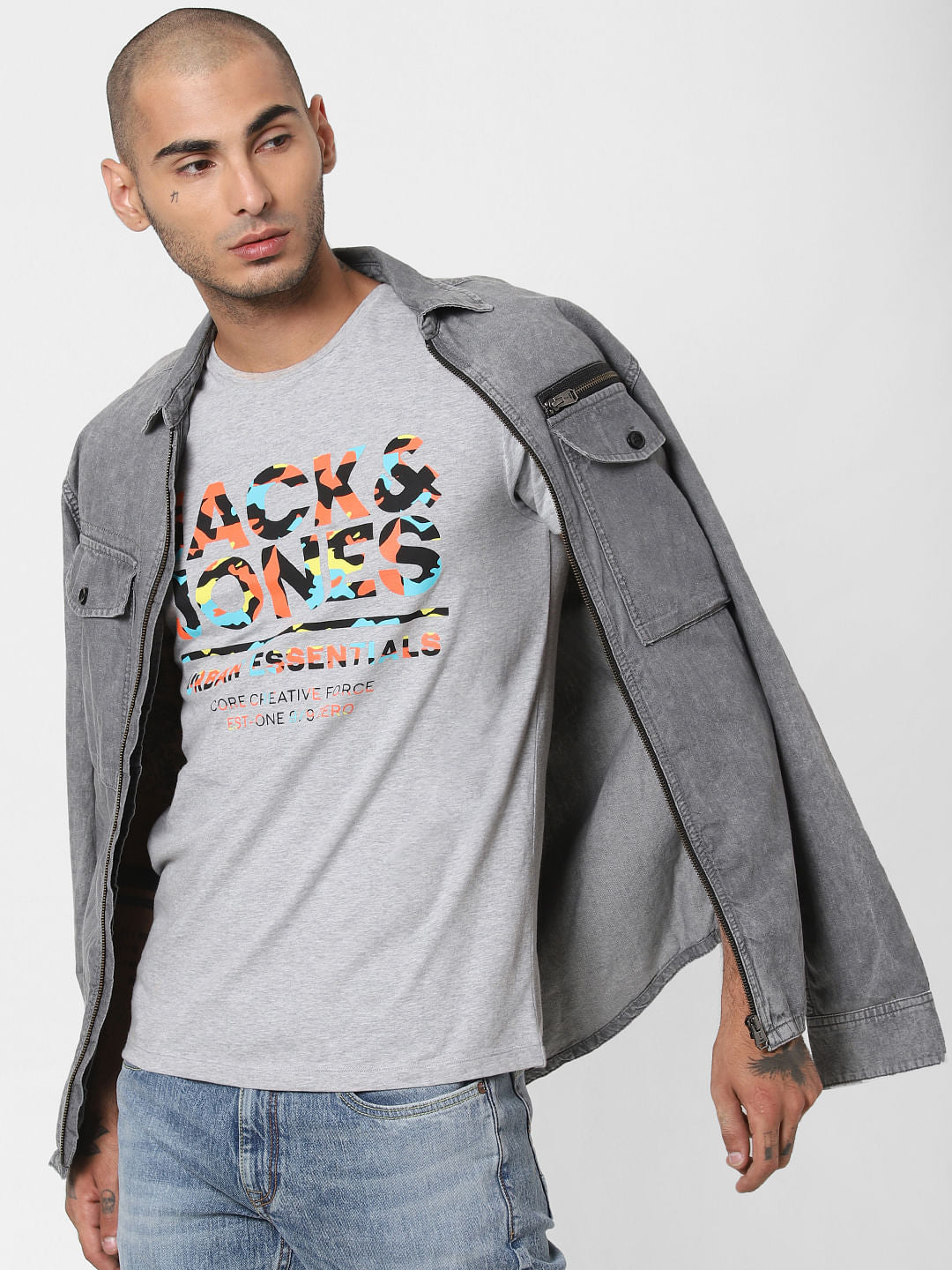 Grey Logo Print Crew Neck T-shirt