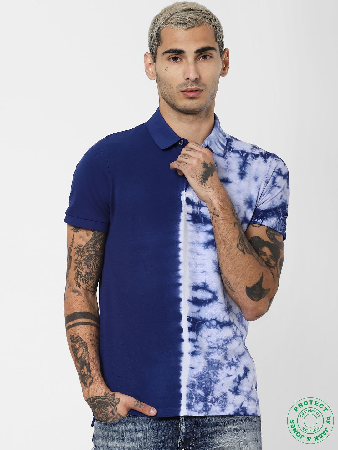 Blue Colourblocked Polo Neck T-shirt - S