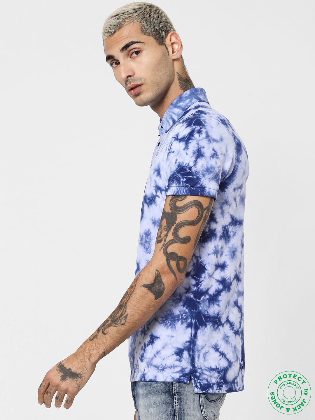 Blue Colourblocked Polo Neck T-shirt