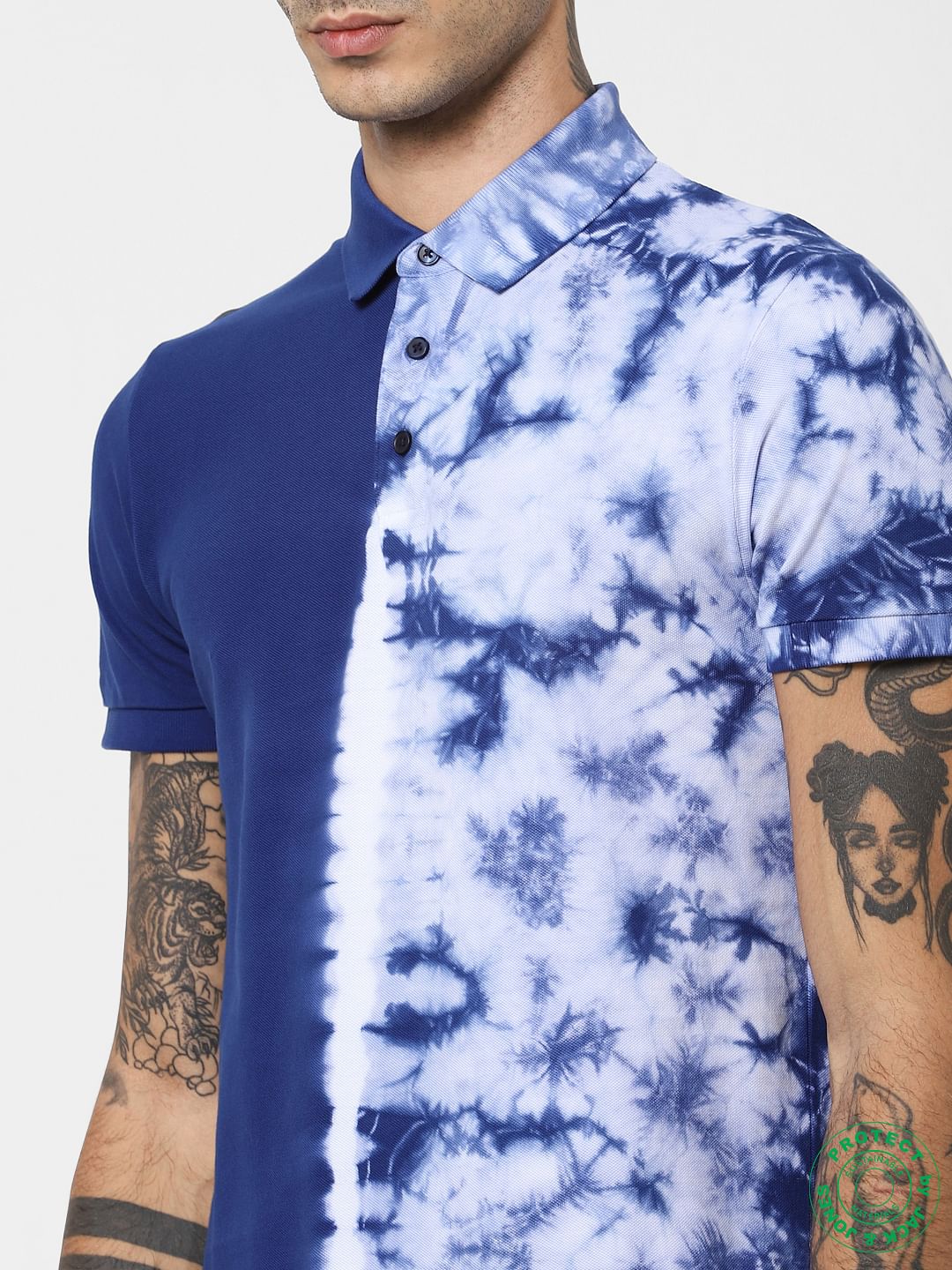 Blue Colourblocked Polo Neck T-shirt
