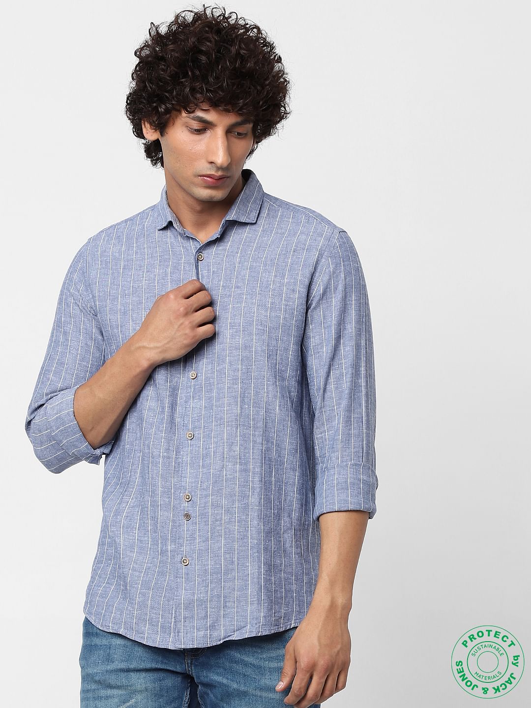Blue Striped Linen Full Sleeves Shirt - S