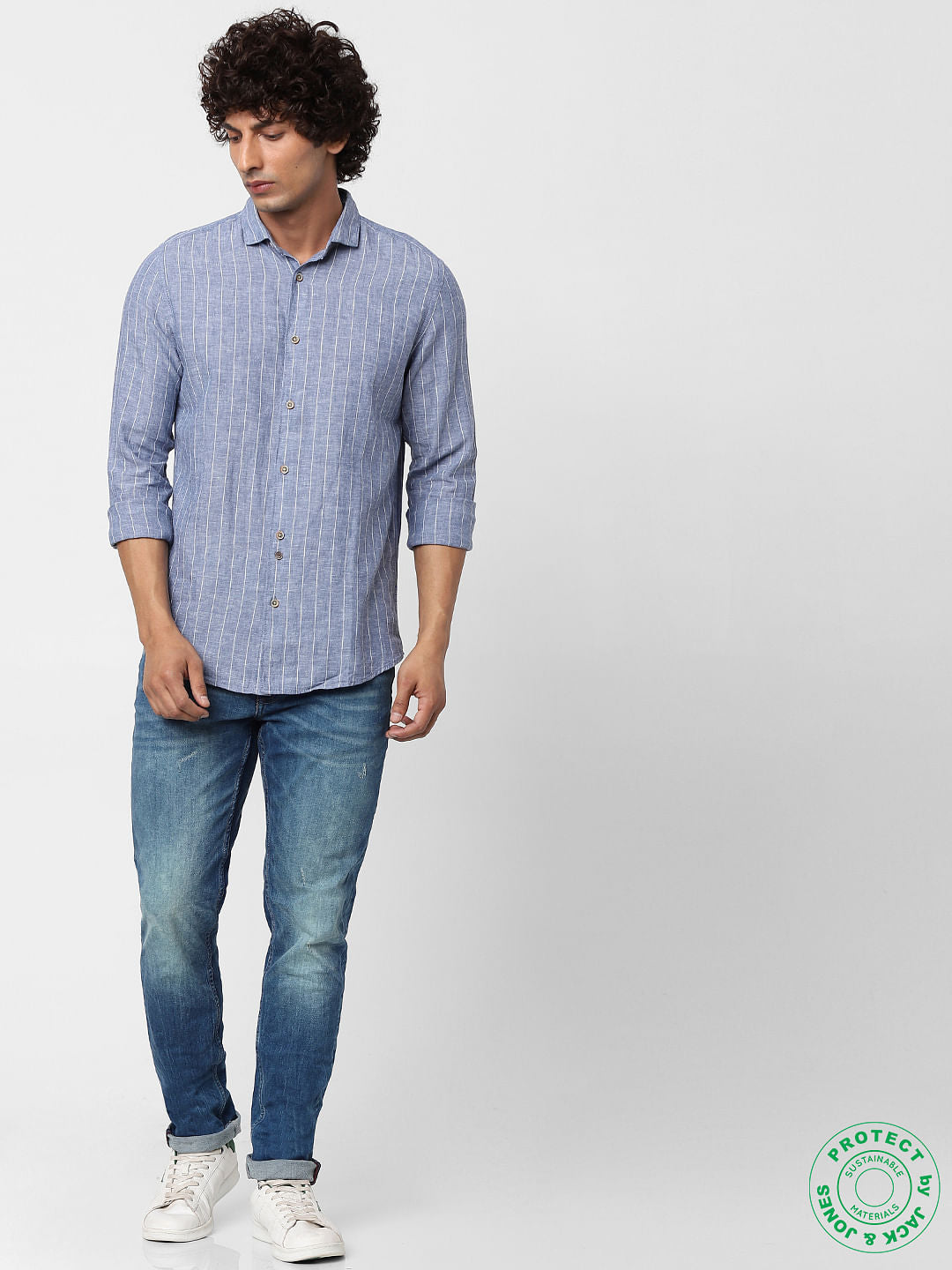Blue Striped Linen Full Sleeves Shirt