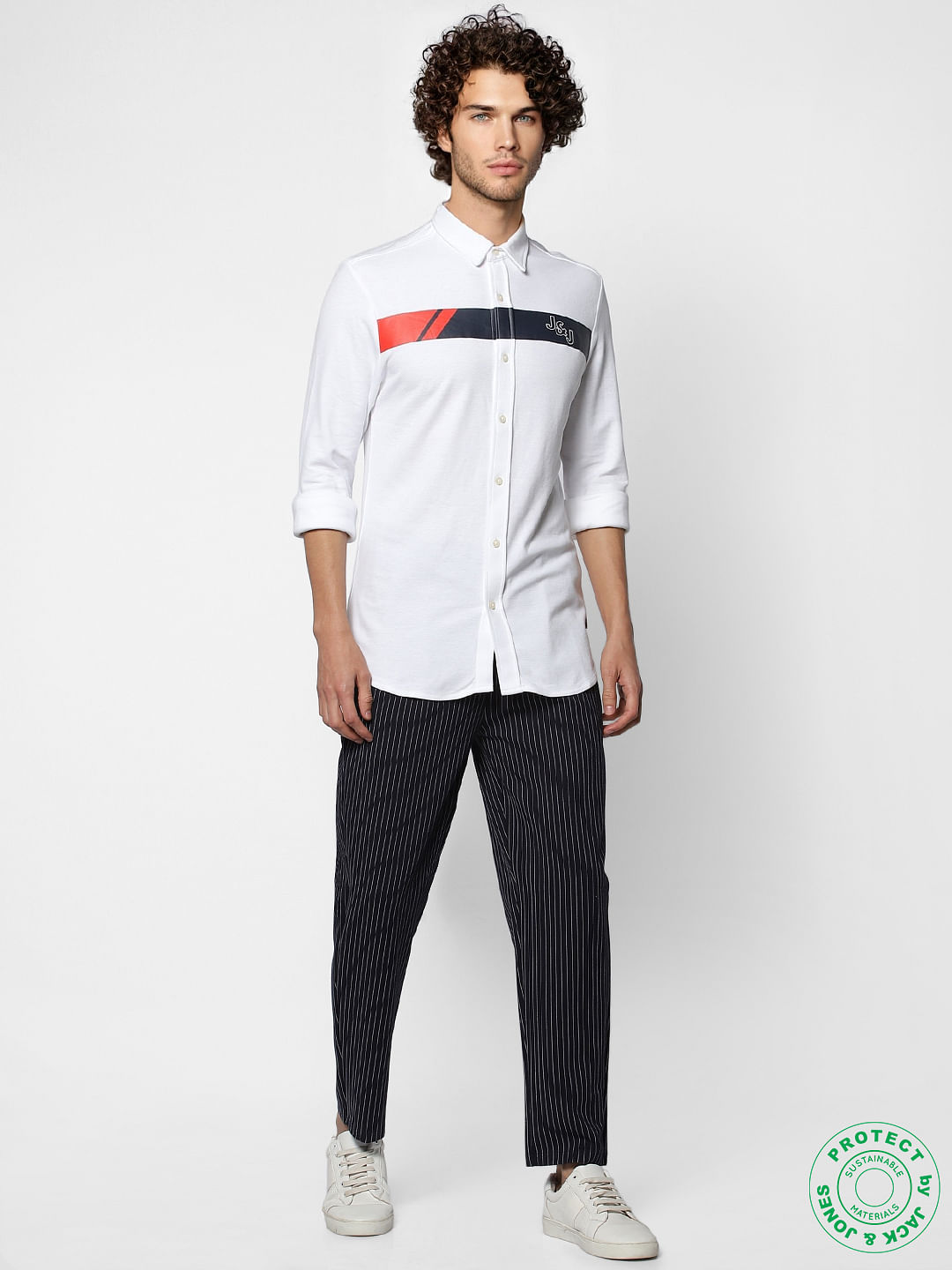 White Full Sleeves Slim Fit Patch Print Shirt - S