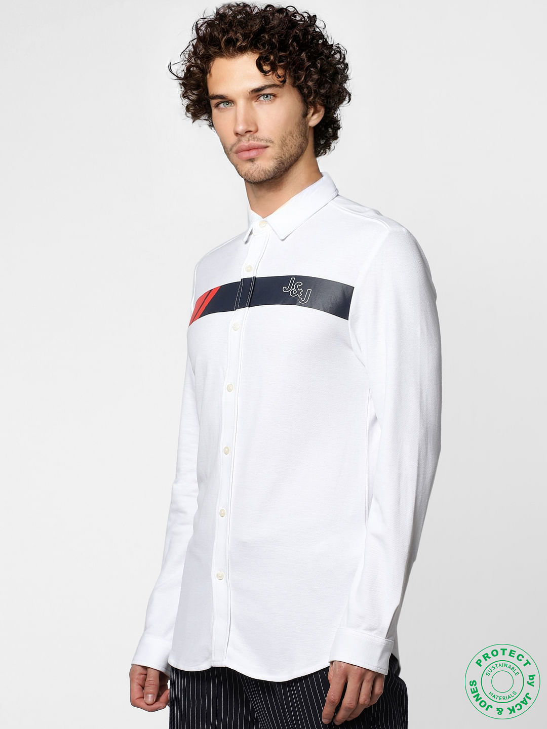 White Full Sleeves Slim Fit Patch Print Shirt