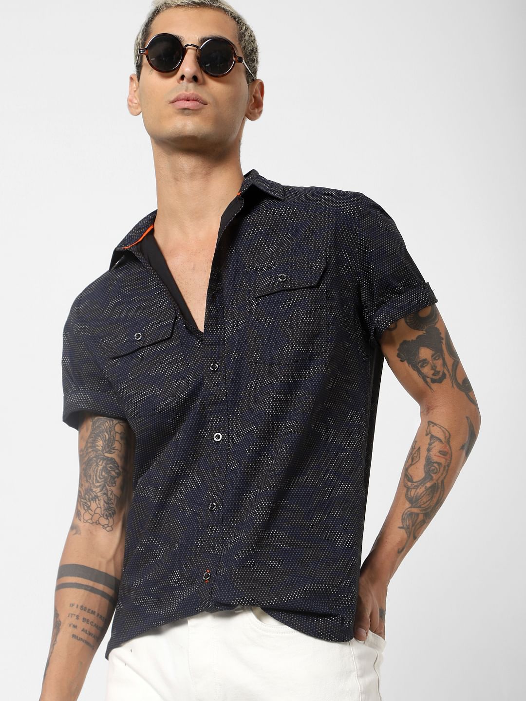 Black Camo Print Short Sleeves Shirt - S