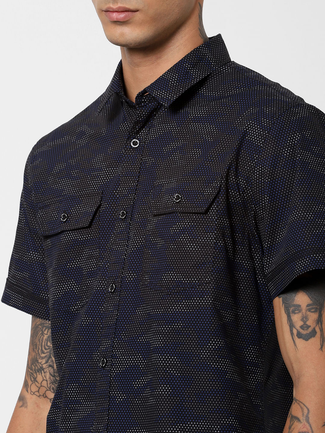 Black Camo Print Short Sleeves Shirt