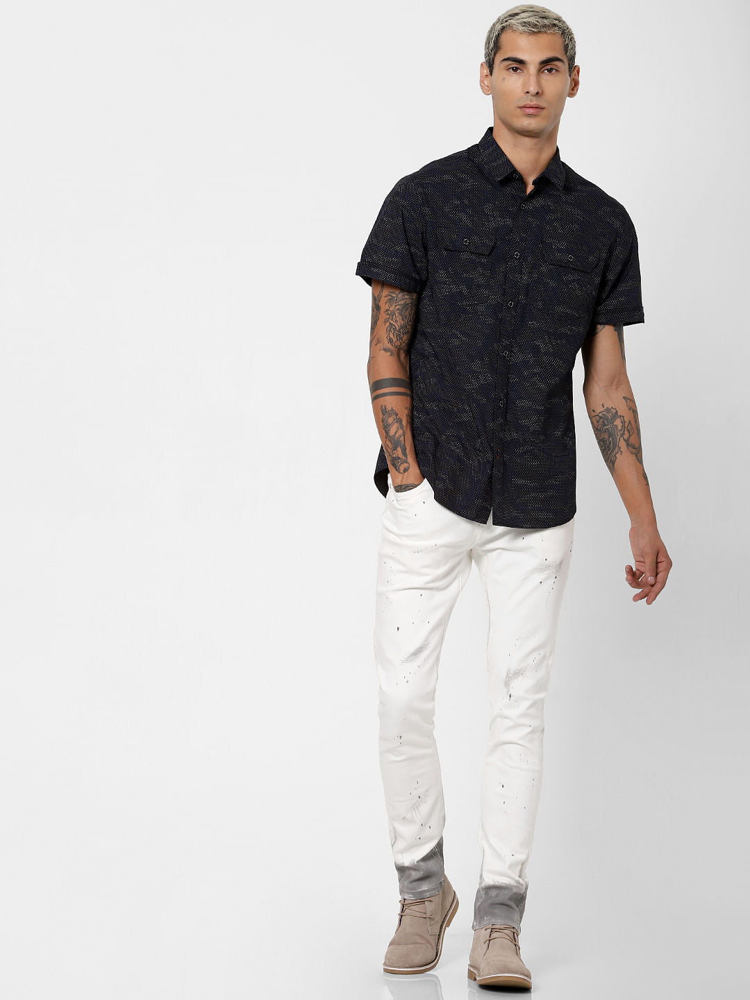 Black Camo Print Short Sleeves Shirt