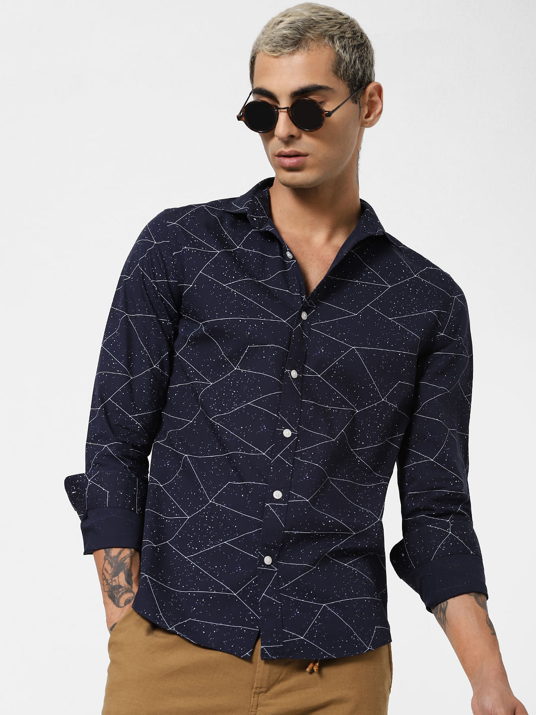 Navy Blue Geometric Print Full Sleeves Shirt - S