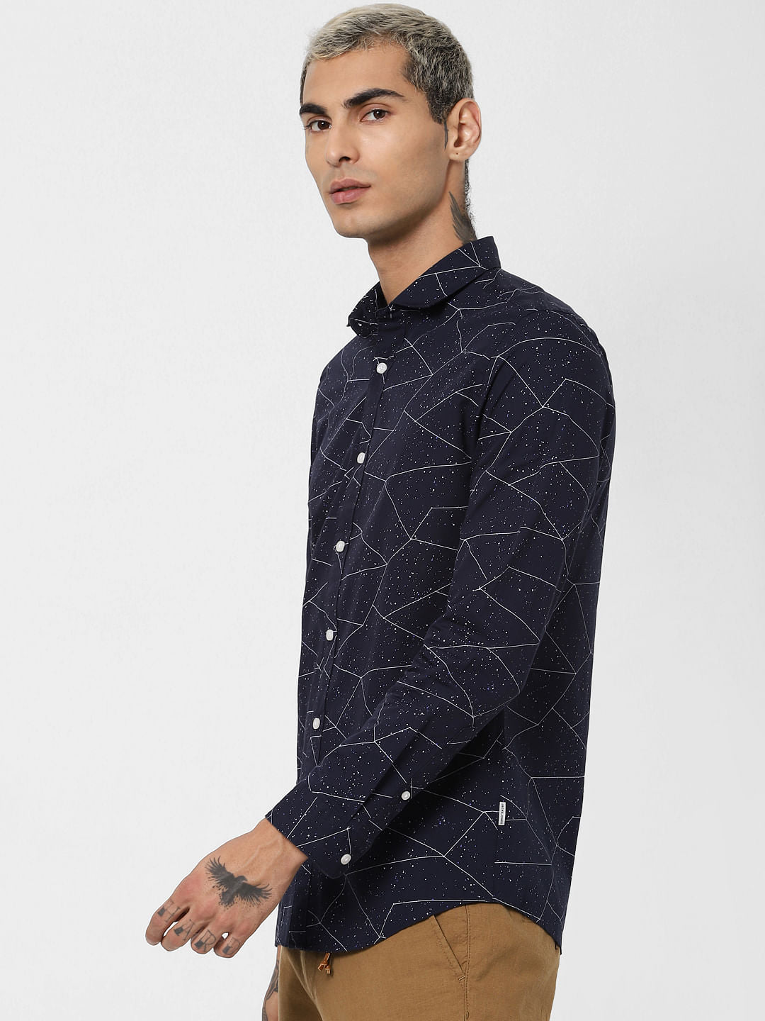 Navy Blue Geometric Print Full Sleeves Shirt