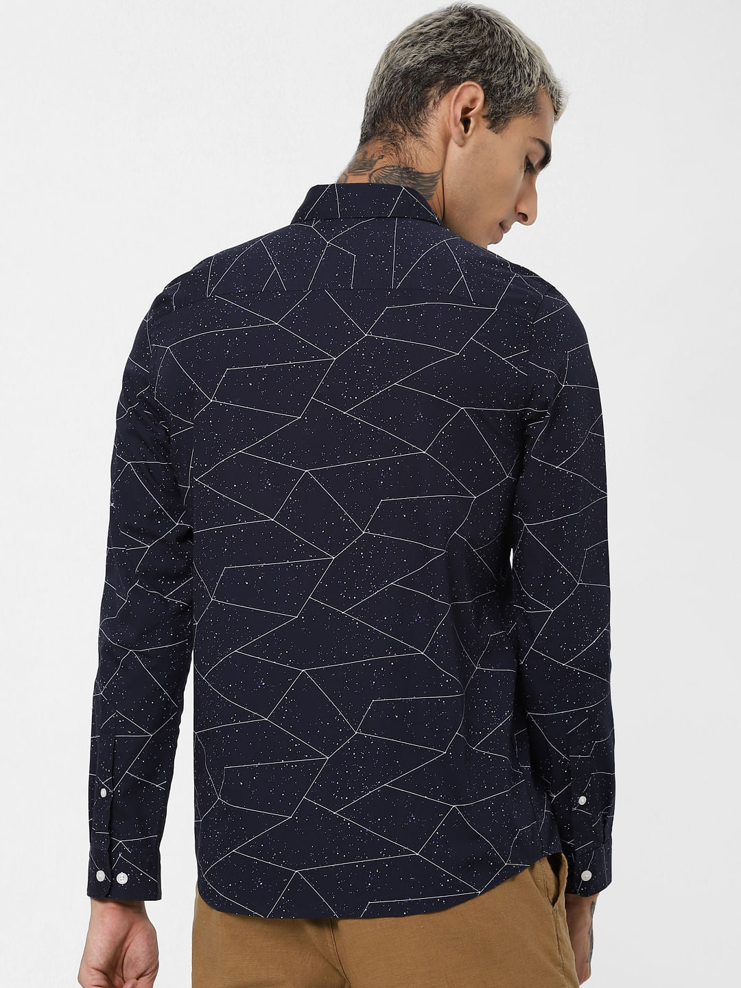 Navy Blue Geometric Print Full Sleeves Shirt