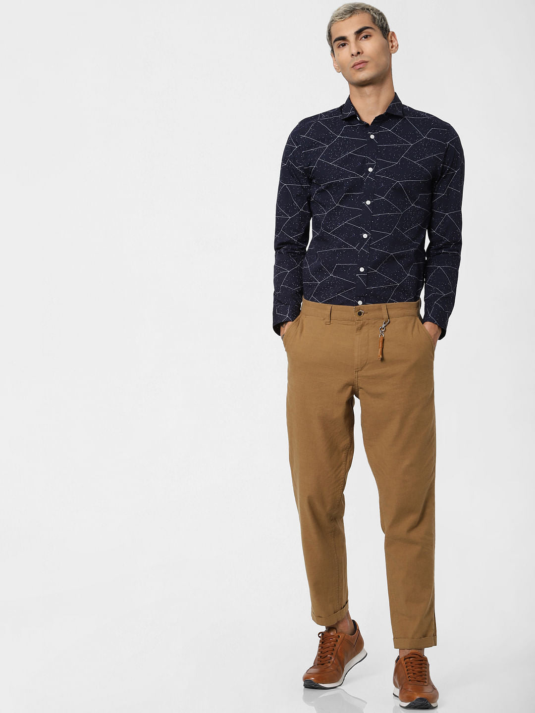 Navy Blue Geometric Print Full Sleeves Shirt