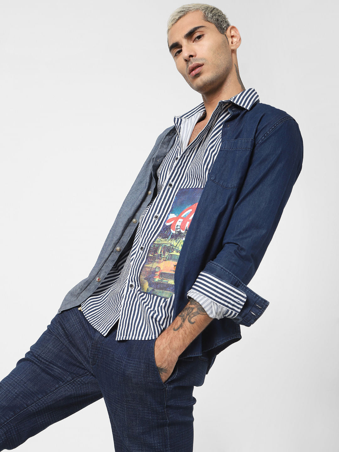 Blue Striped Full Sleeves Shirt - S