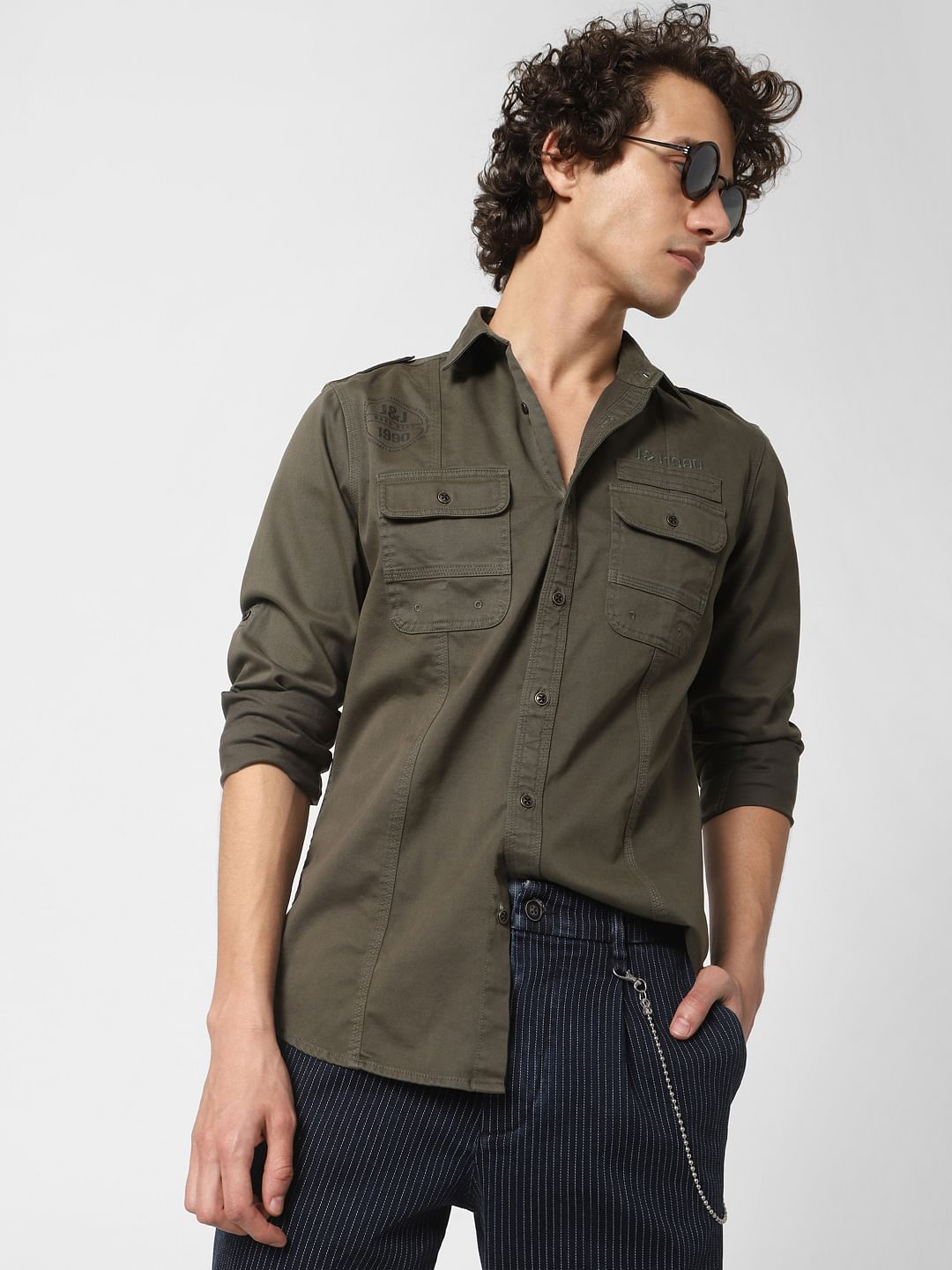 Olive Logo Print Full Sleeves Shirt - S