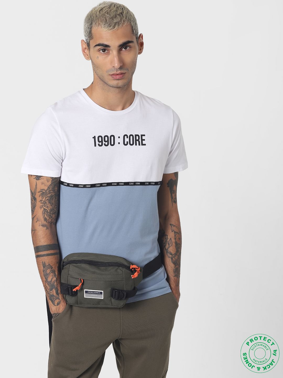 Blue Colourblocked Crew Neck T-shirt - S