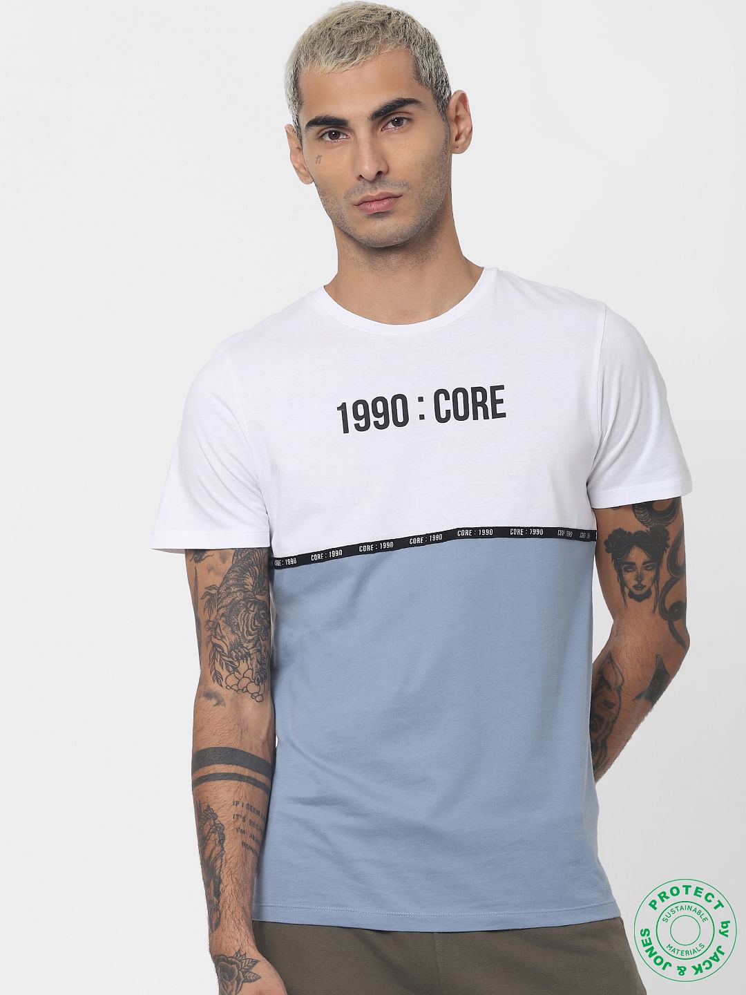 Blue Colourblocked Crew Neck T-shirt