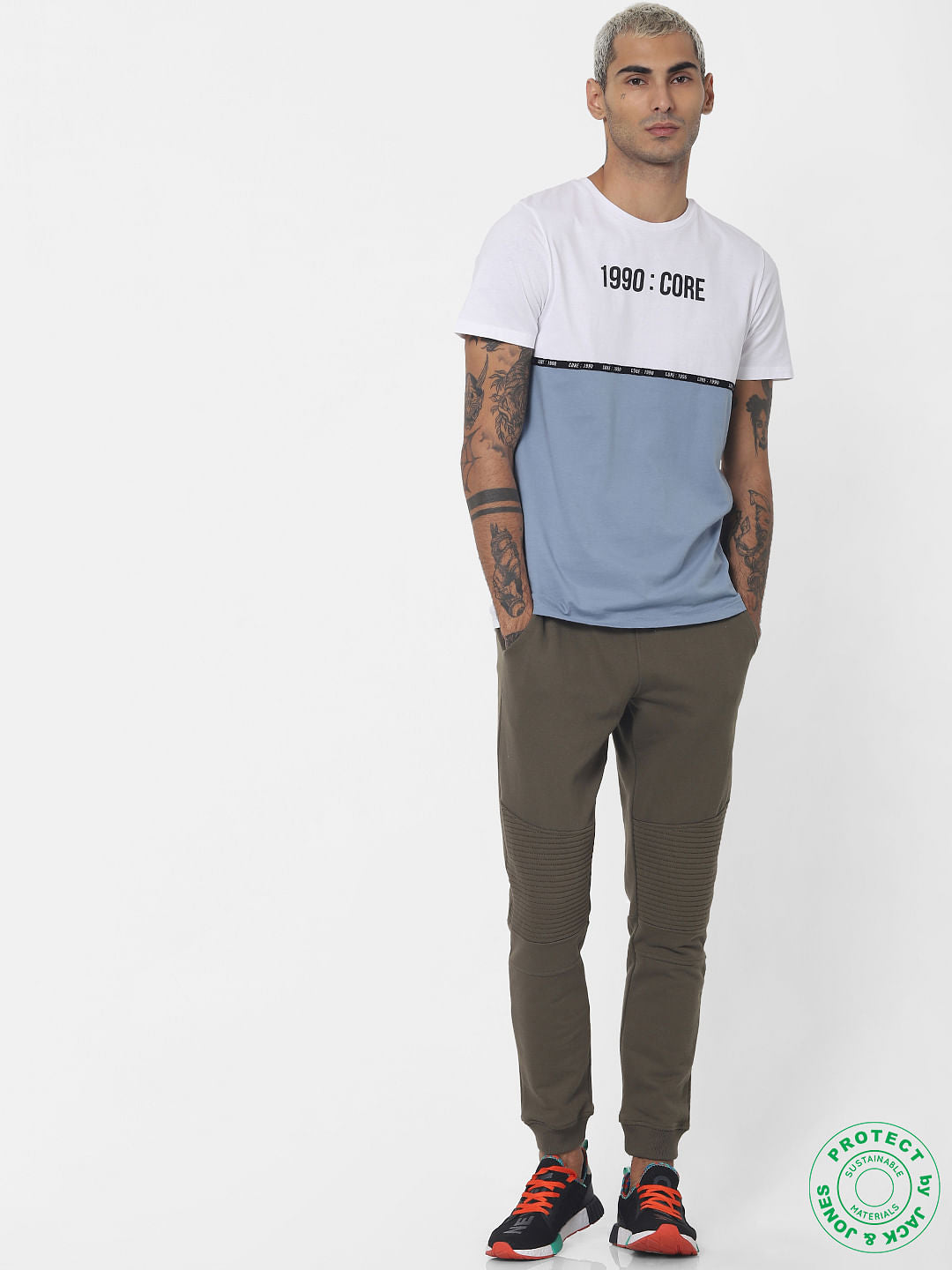 Blue Colourblocked Crew Neck T-shirt