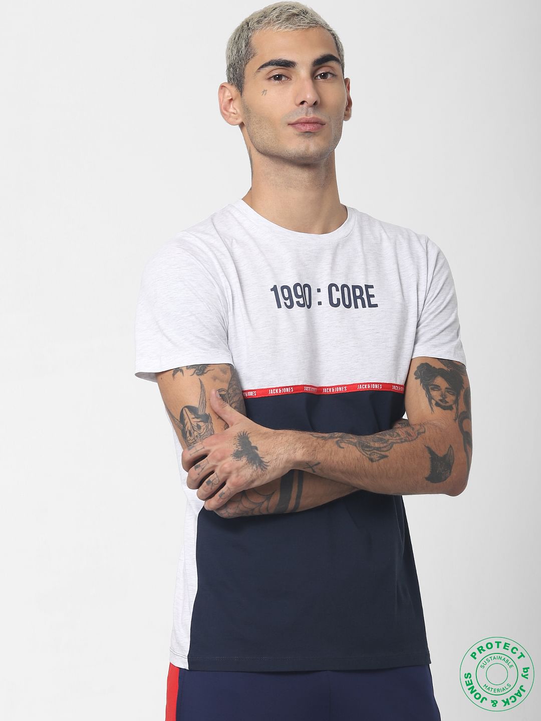 Navy Blue Colourblocked Crew Neck T-shirt - S