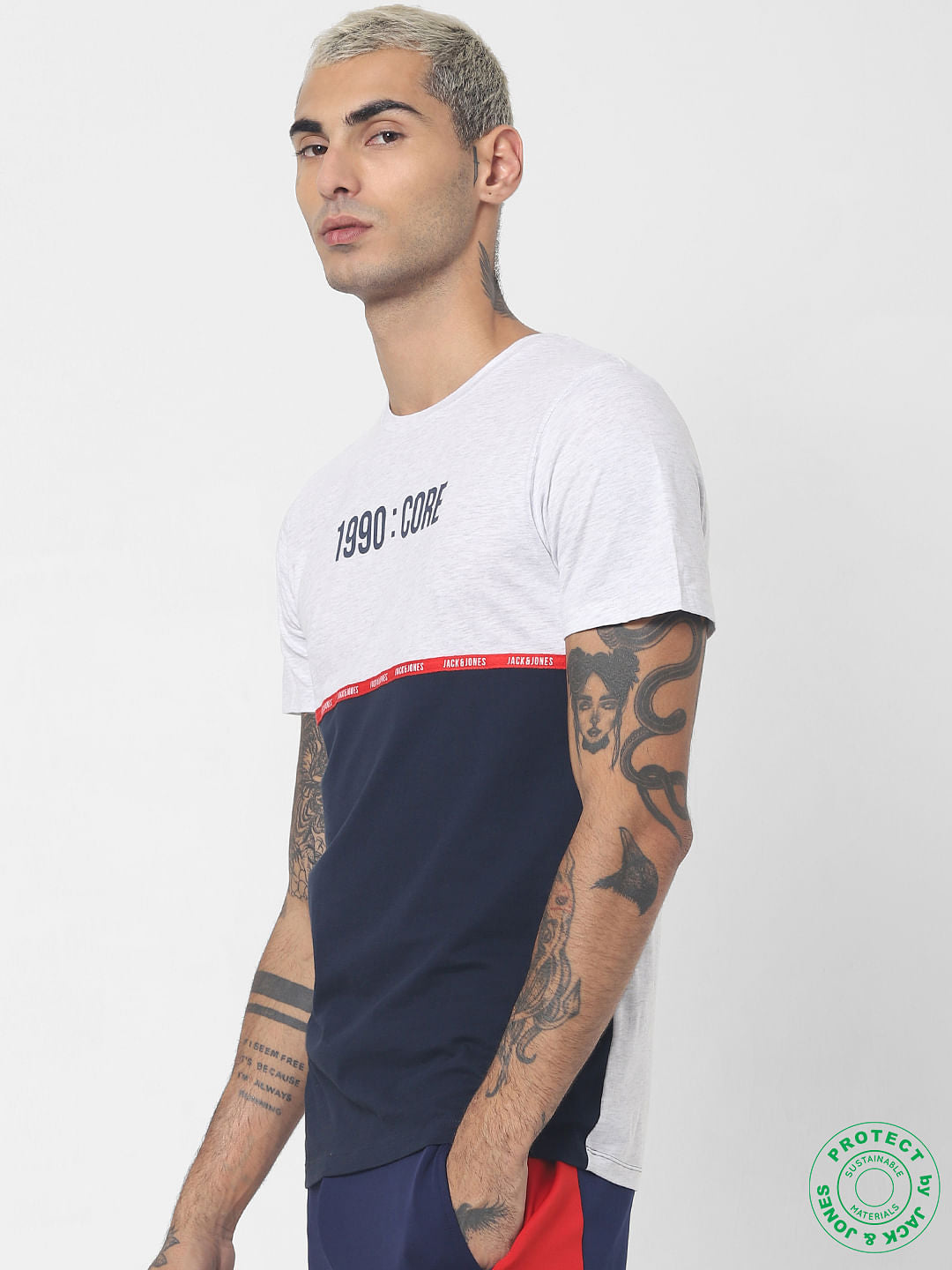 Navy Blue Colourblocked Crew Neck T-shirt