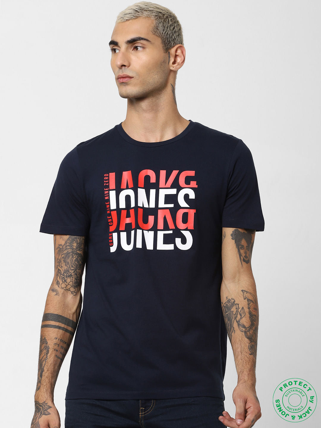Navy Blue Logo Print Crew Neck T-shirt - S