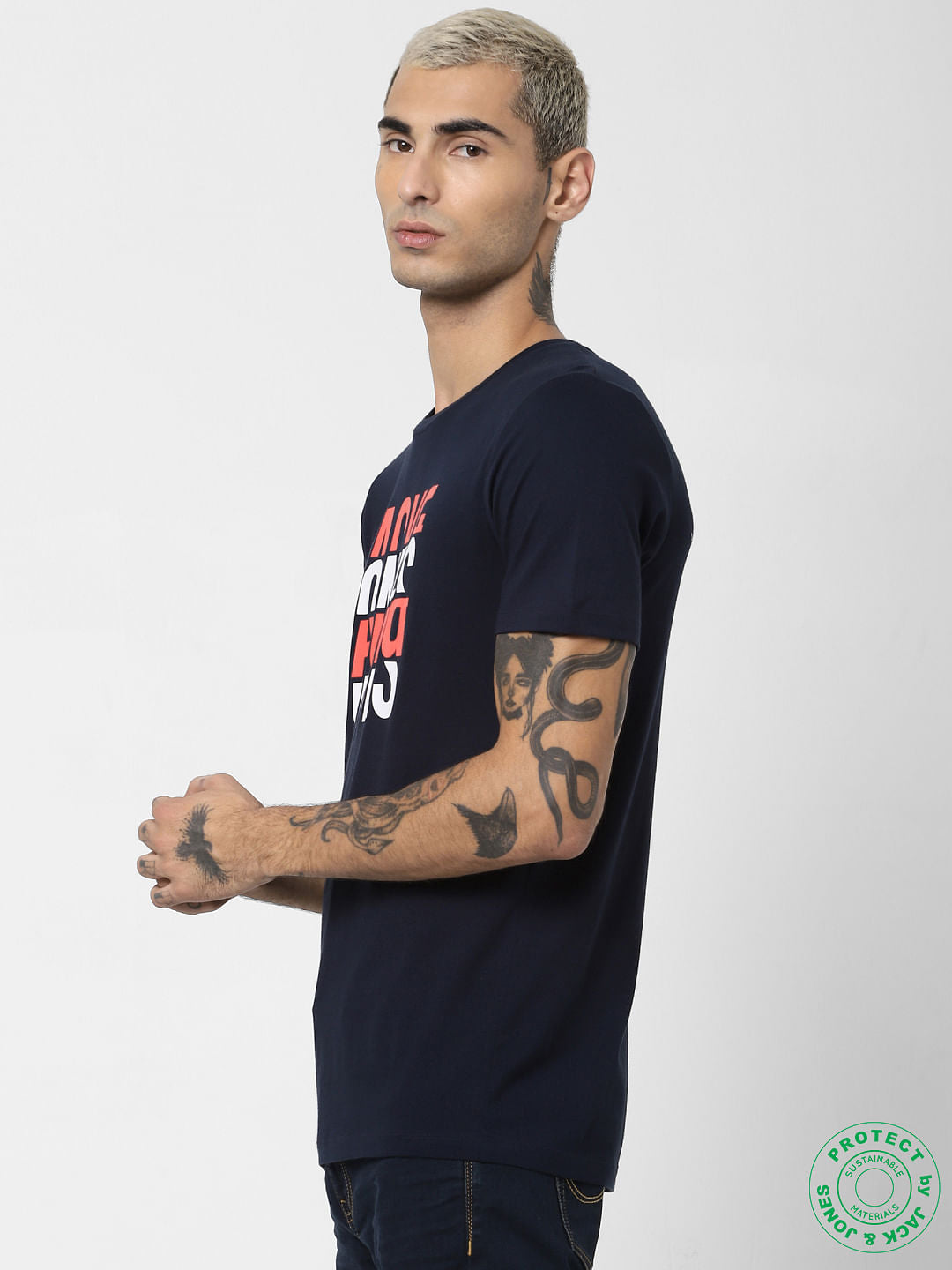 Navy Blue Logo Print Crew Neck T-shirt