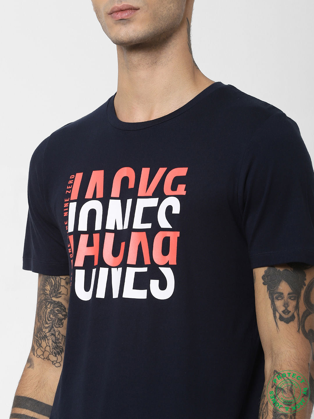 Navy Blue Logo Print Crew Neck T-shirt
