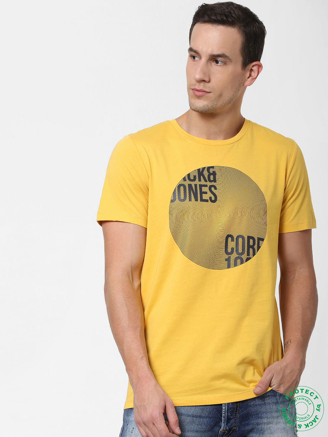 Yellow Logo Print Crew Neck T-shirt - S
