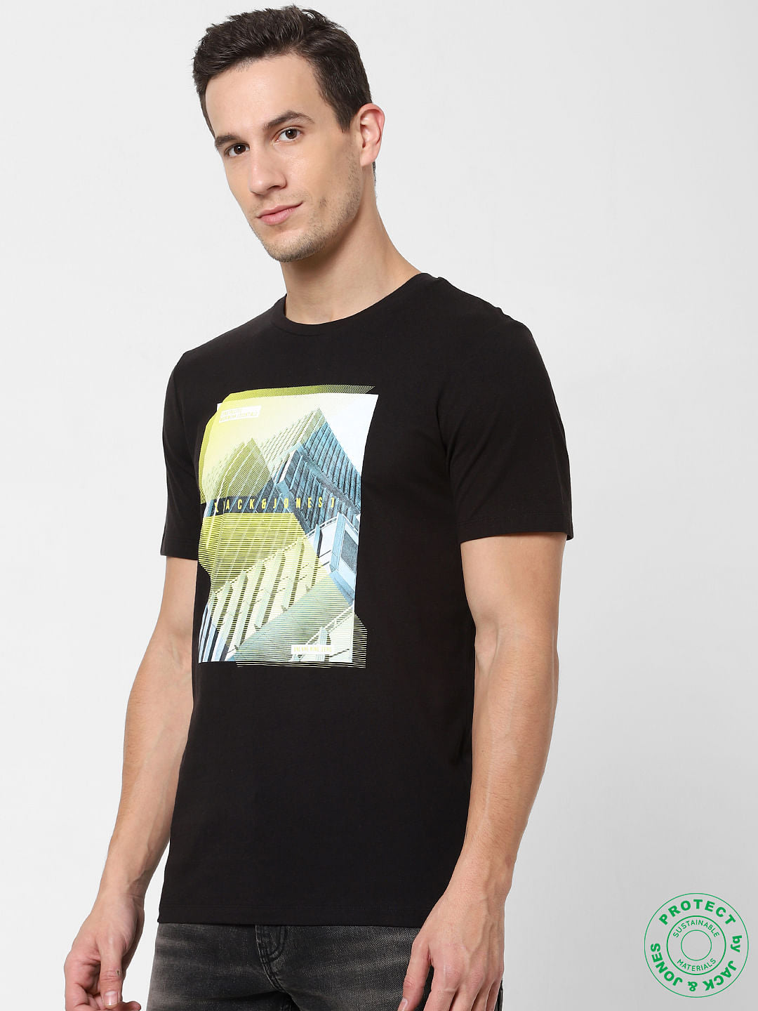 Black Graphic Print Crew Neck T-shirt - S