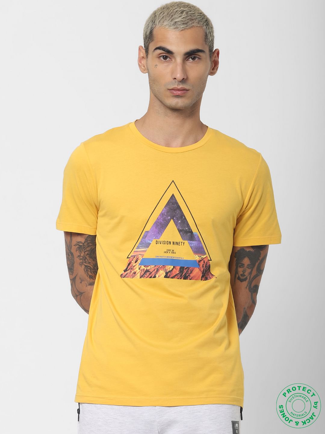 Yellow Graphic Print Crew Neck T-shirt - S