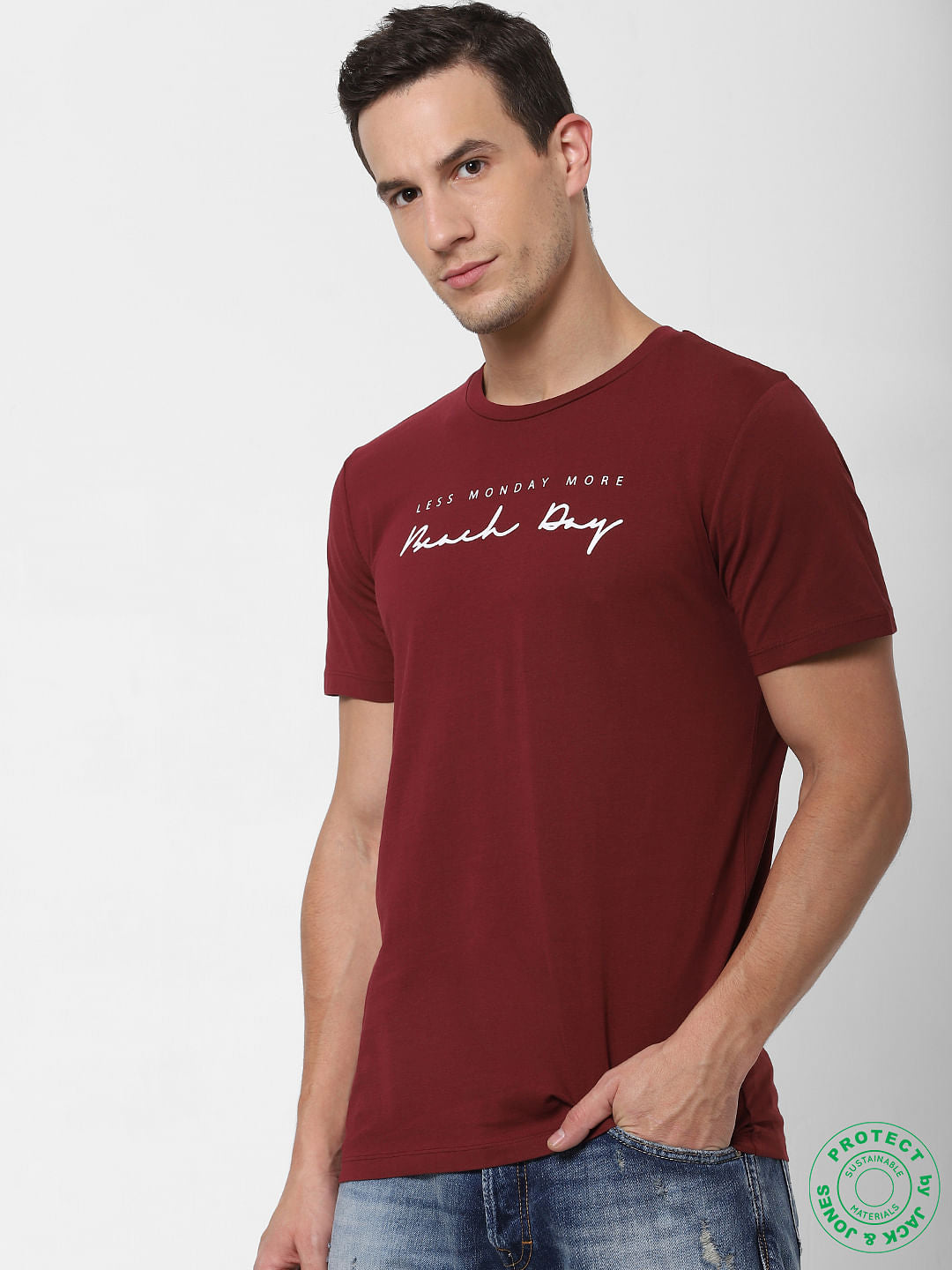 Maroon Slogan Print Crew Neck T-shirt - S