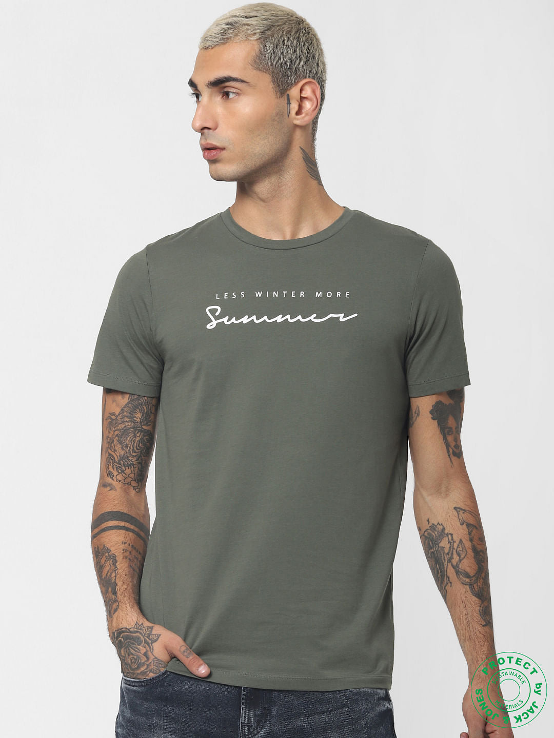 Green Slogan Print Crew Neck T-shirt - S