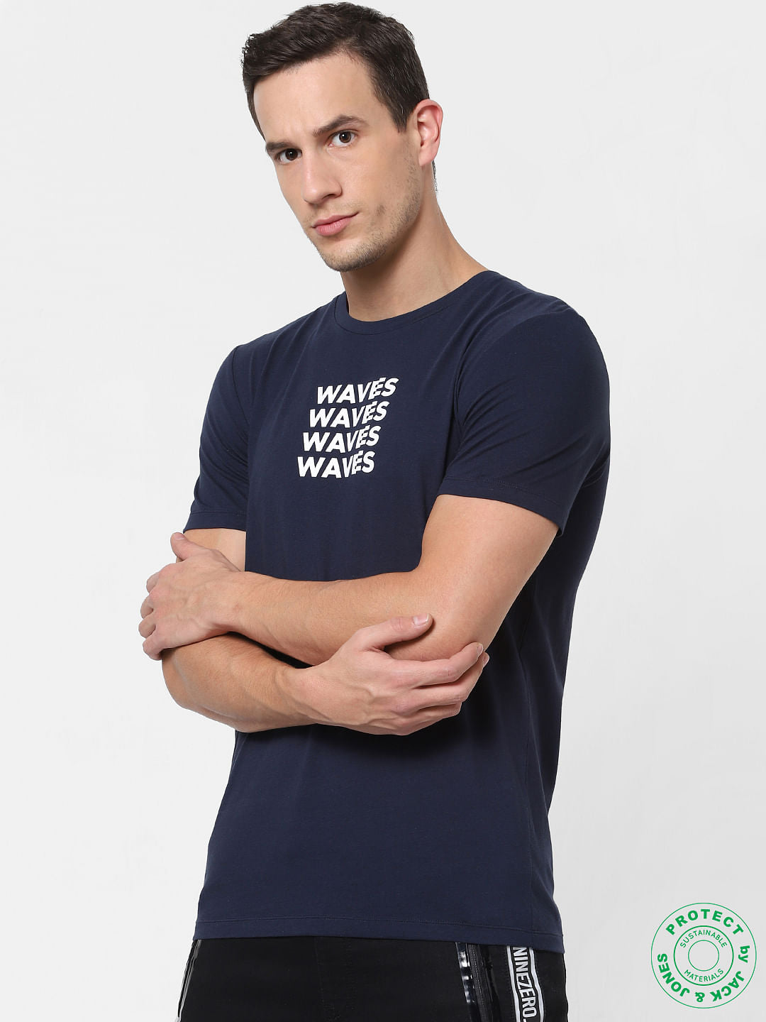 Navy Blue Text Print Crew Neck T-shirt - S