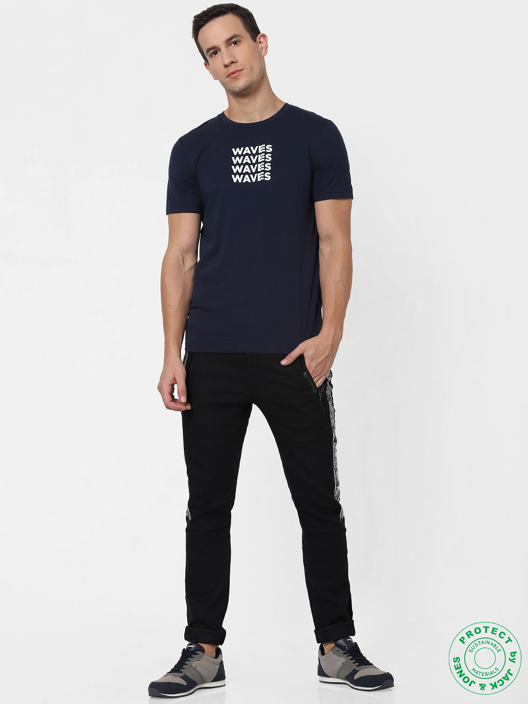 Navy Blue Text Print Crew Neck T-shirt