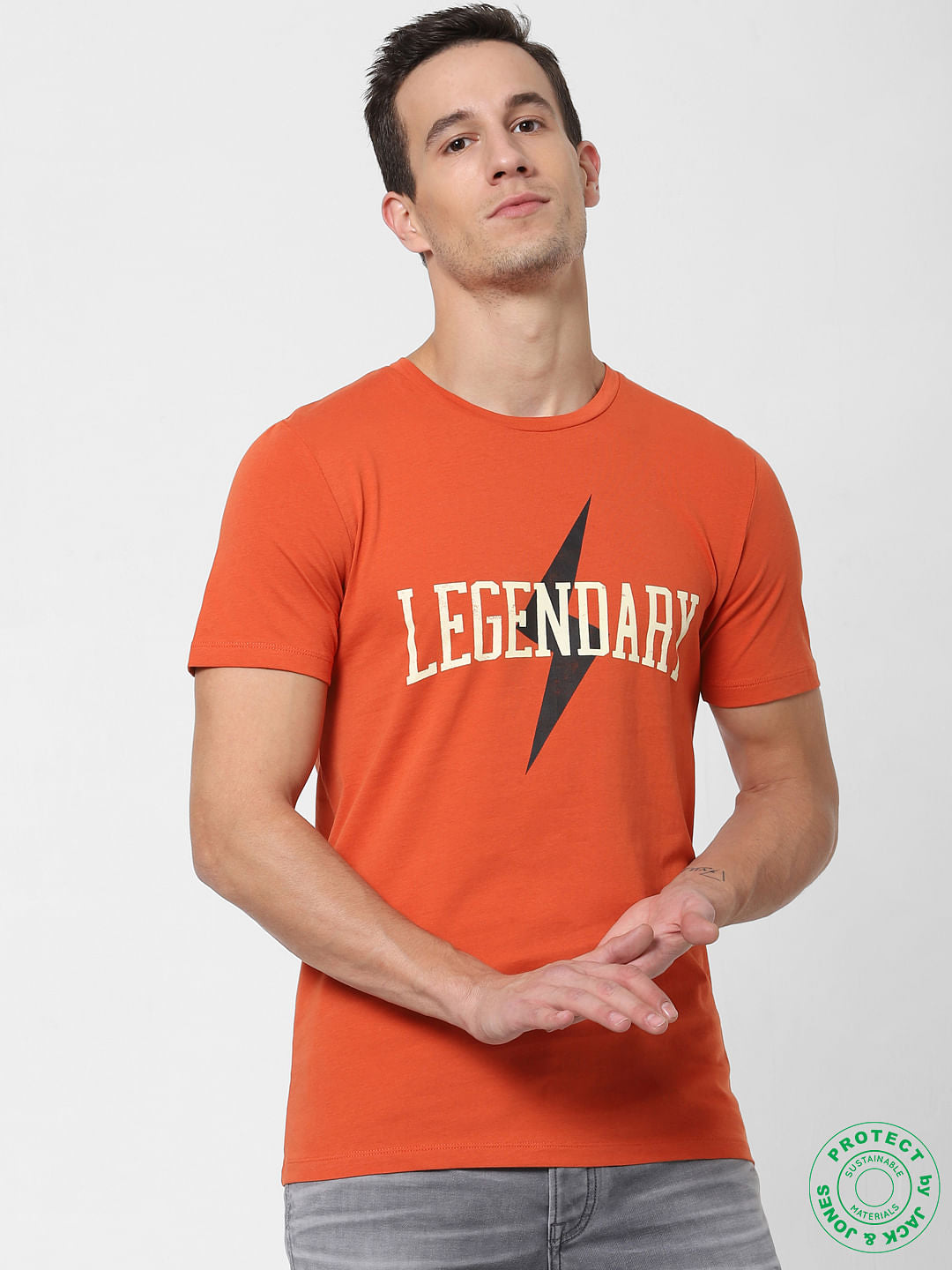 Orange Text Print Crew Neck T-shirt - S