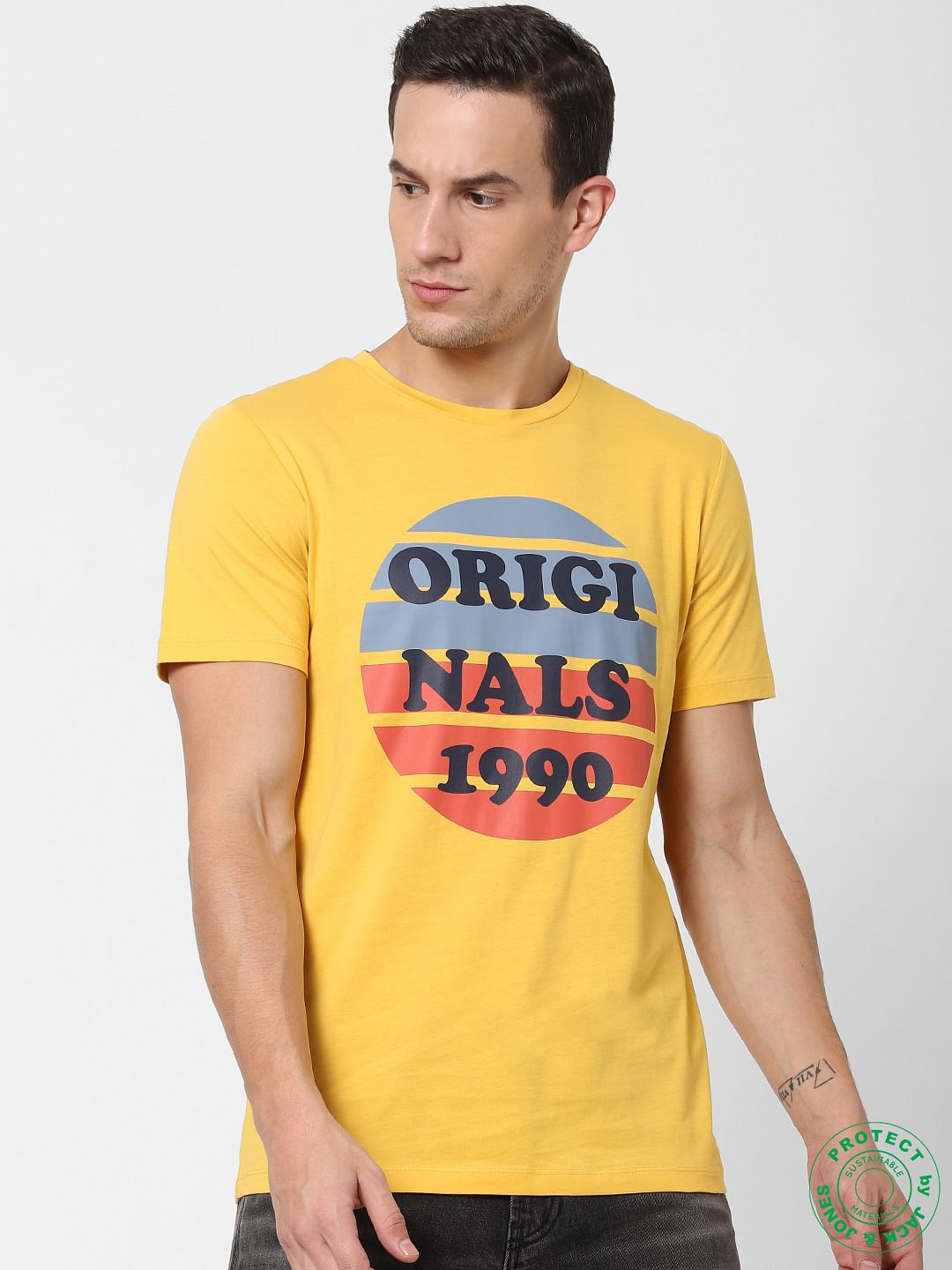 Yellow Logo Print Crew Neck T-shirt - S