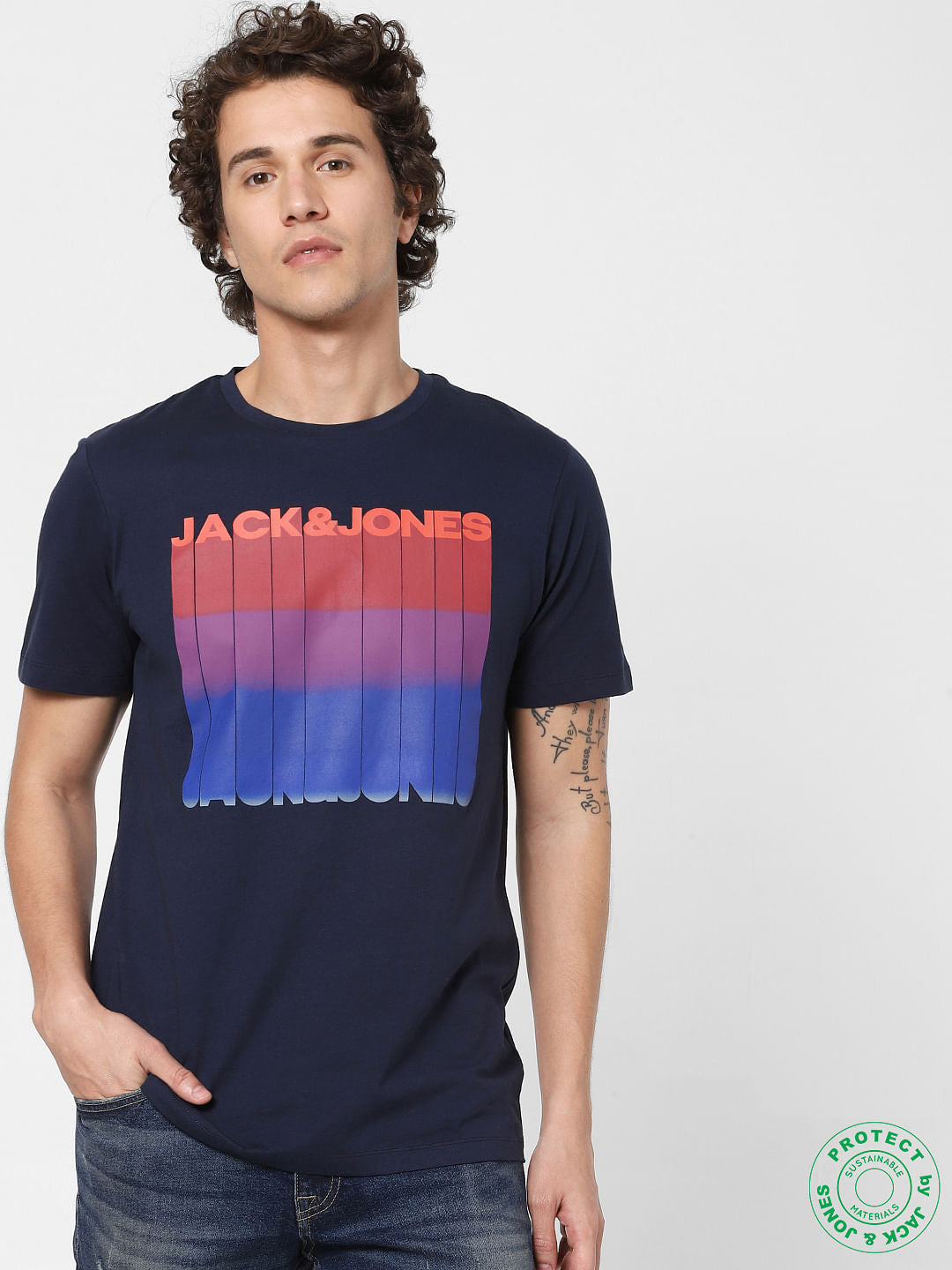Navy Blue Logo Print Crew Neck T-shirt