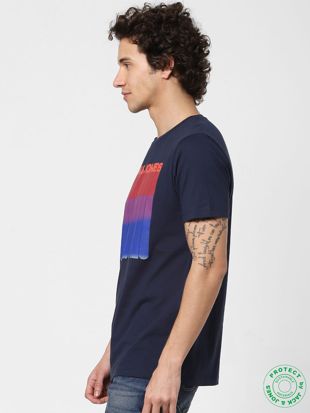 Navy Blue Logo Print Crew Neck T-shirt