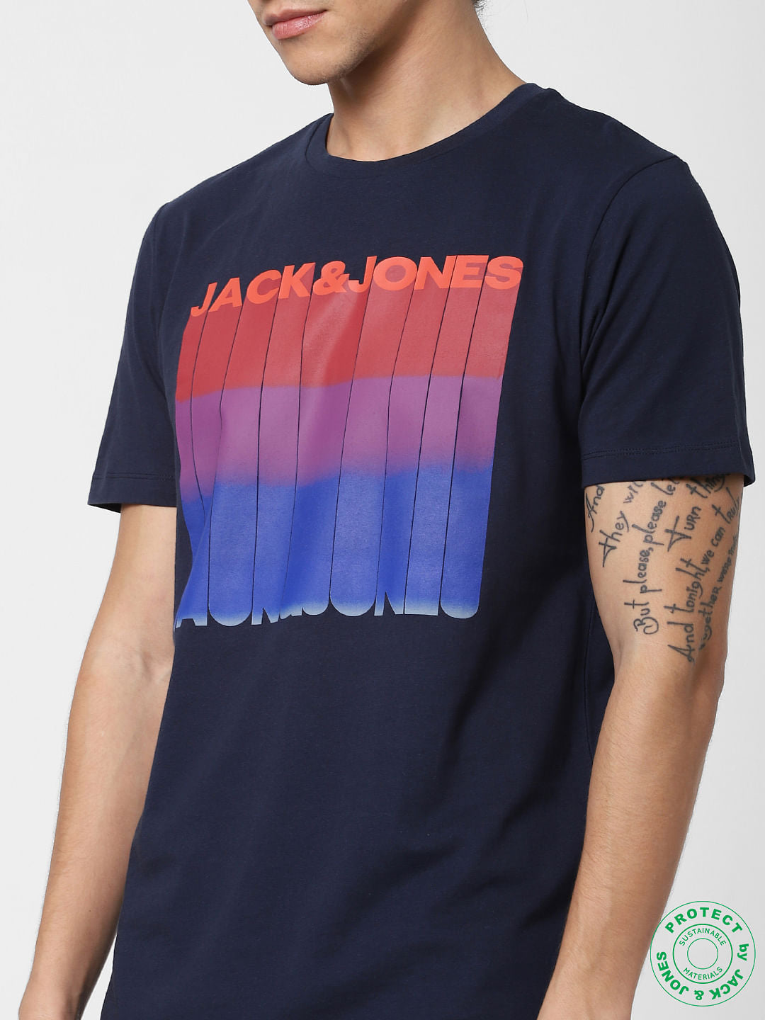 Navy Blue Logo Print Crew Neck T-shirt