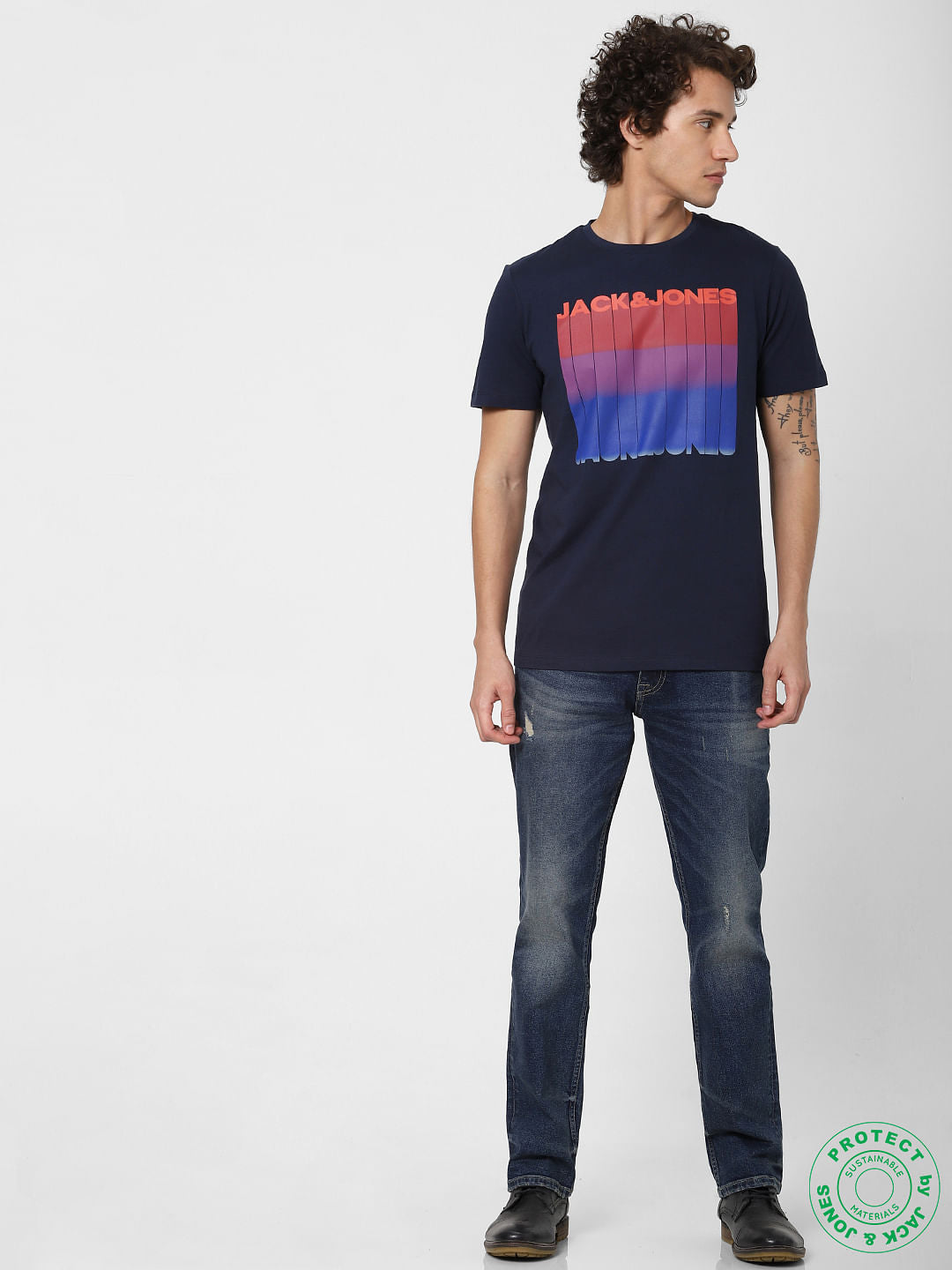 Navy Blue Logo Print Crew Neck T-shirt