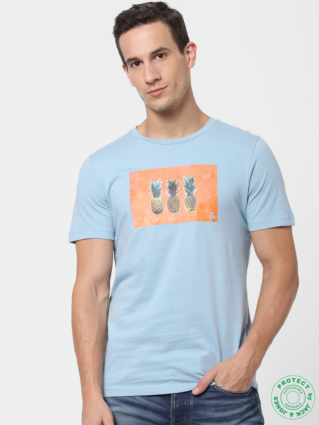 Light Blue Graphic Print Crew Neck T-shirt - S