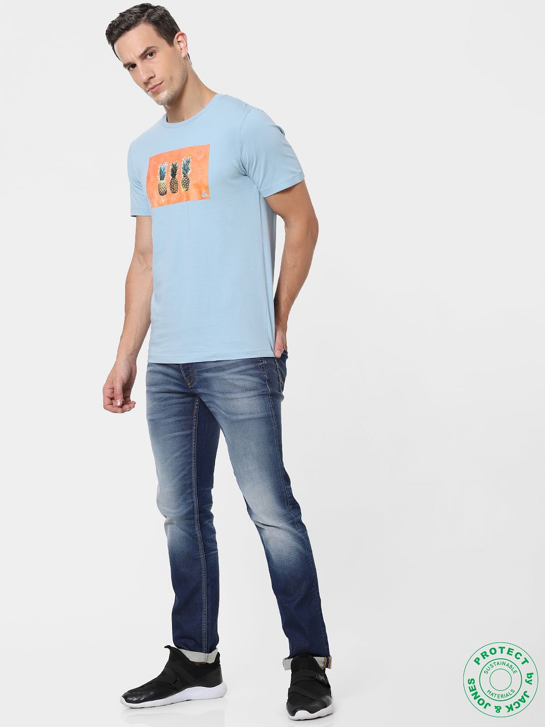 Light Blue Graphic Print Crew Neck T-shirt