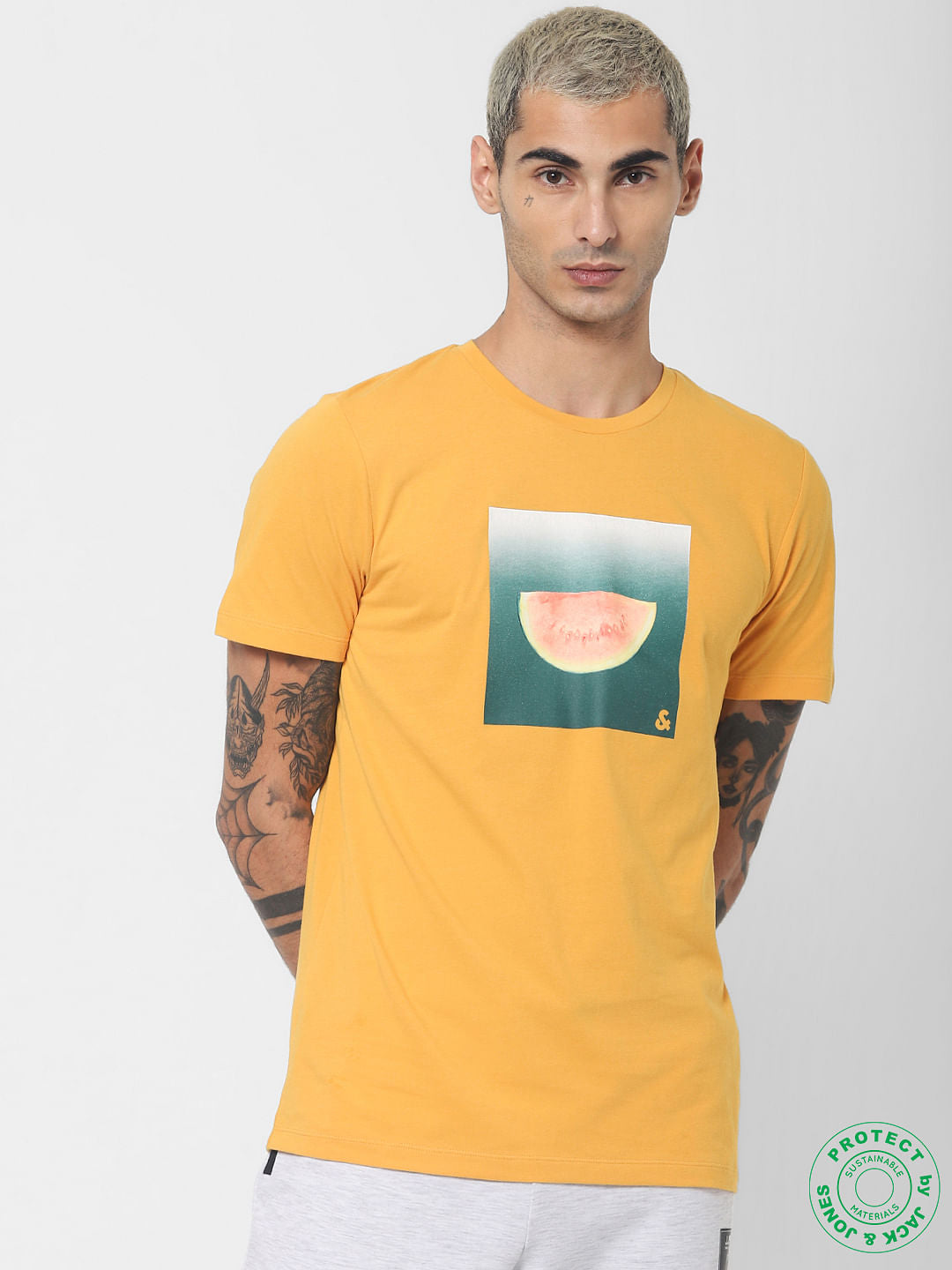 Yellow Graphic Print Crew Neck T-shirt - S