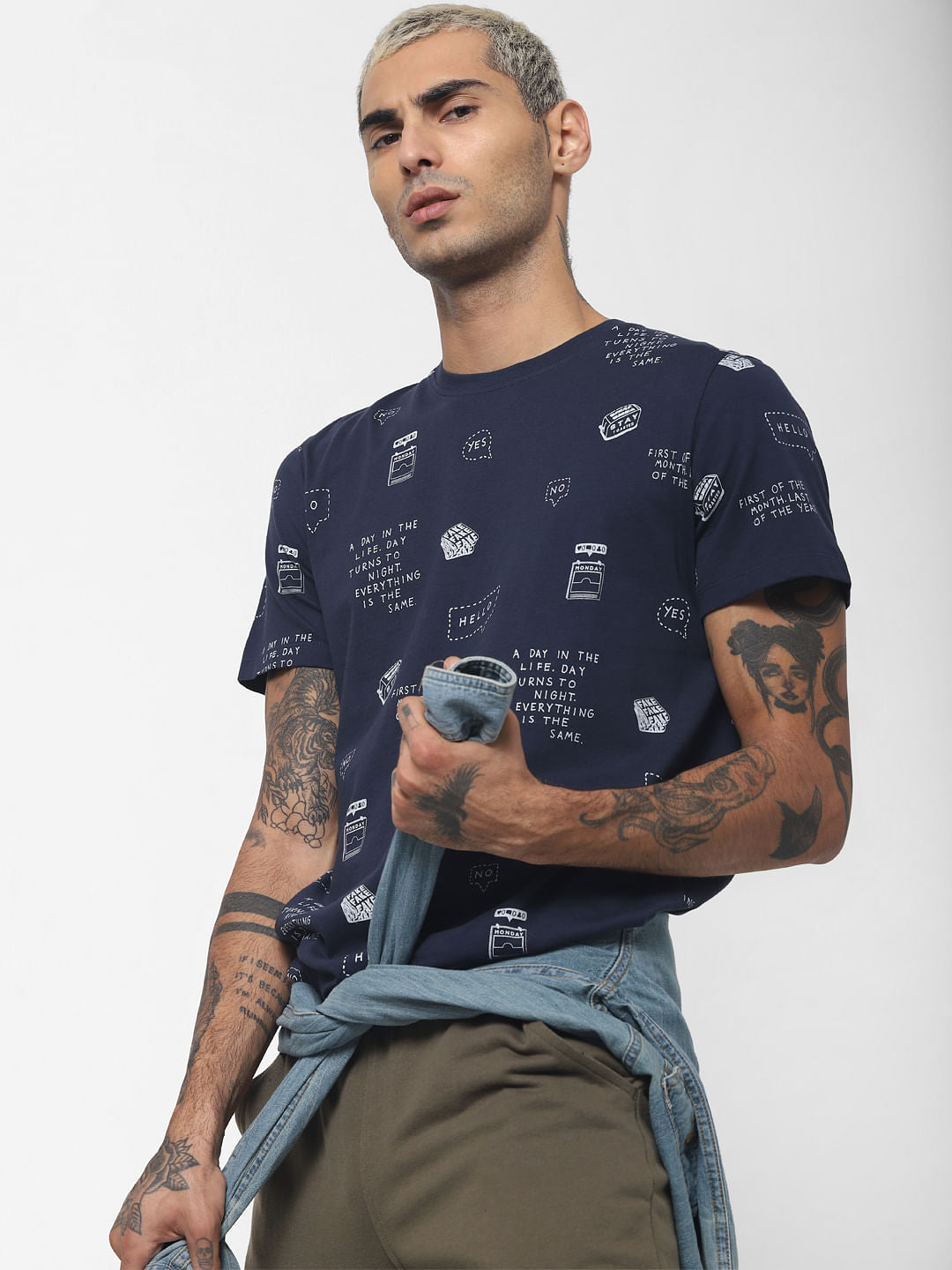 Navy Blue Printed Crew Neck T-shirt - S