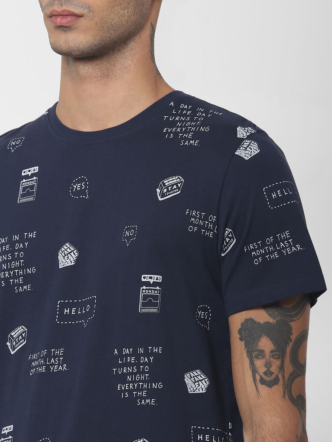 Navy Blue Printed Crew Neck T-shirt