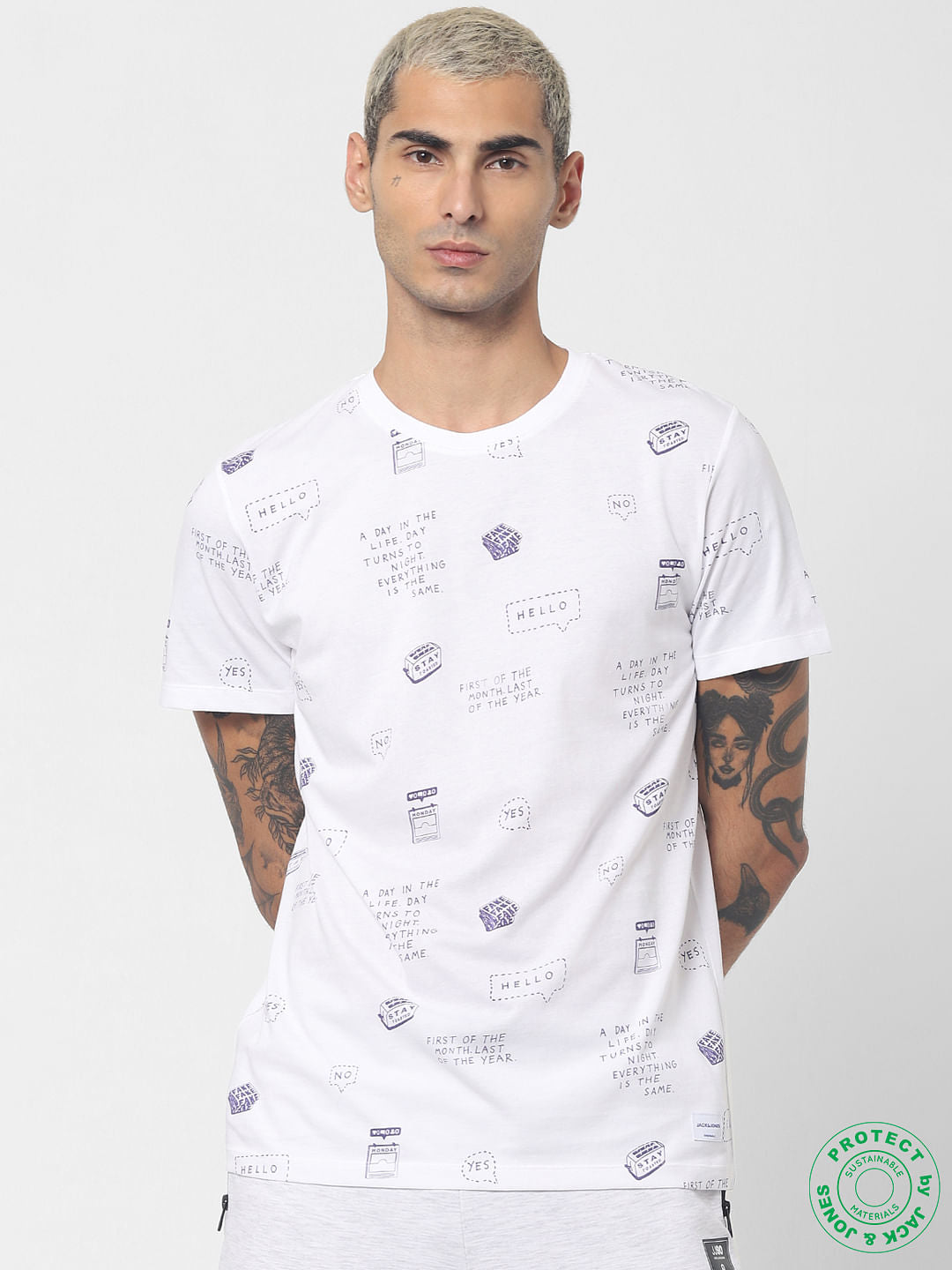White All Over Print Crew Neck T-shirt - S